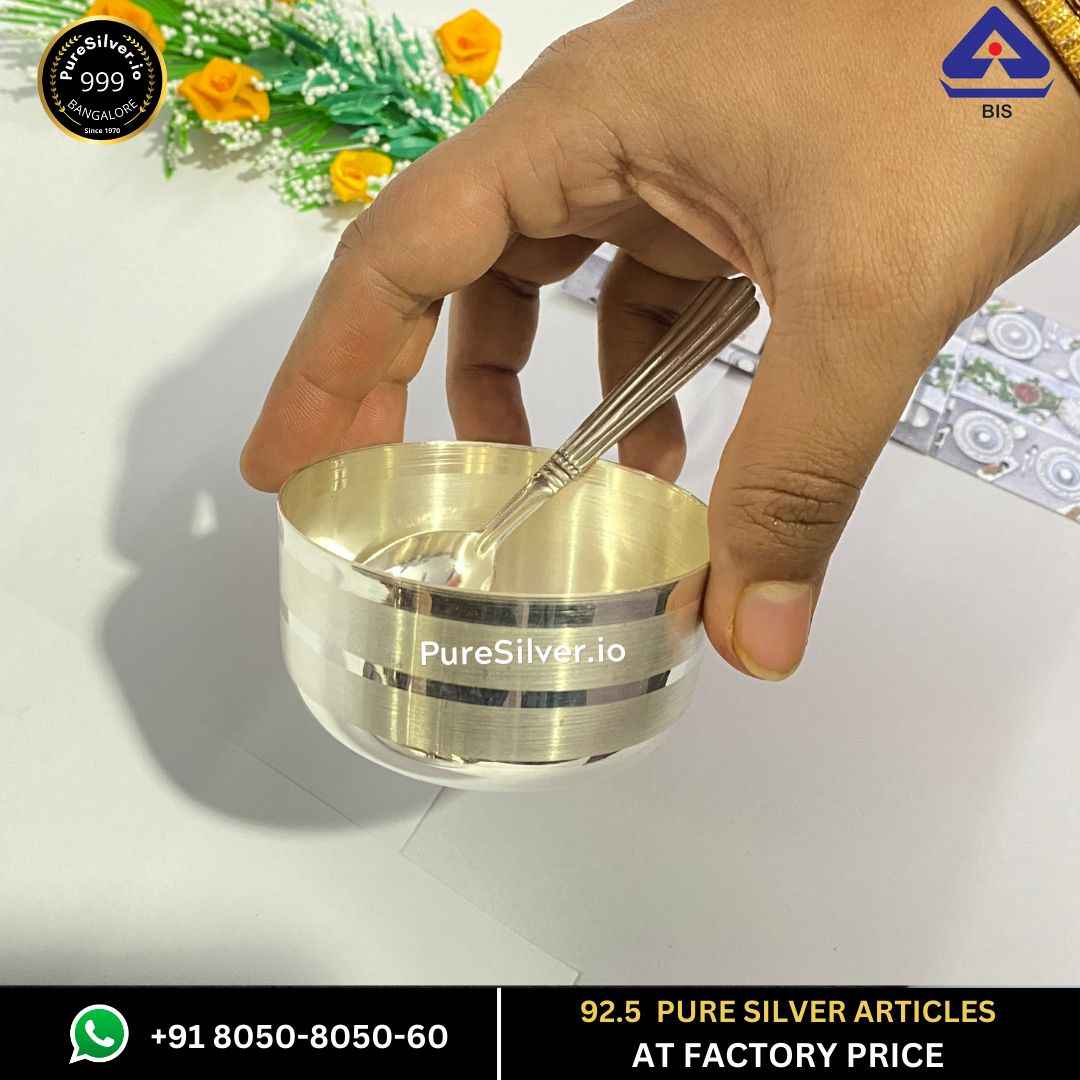 925 Pure Silver Bowl with Spoon 2.25" width * 1" height, 50 grams, BIS Hallmarked