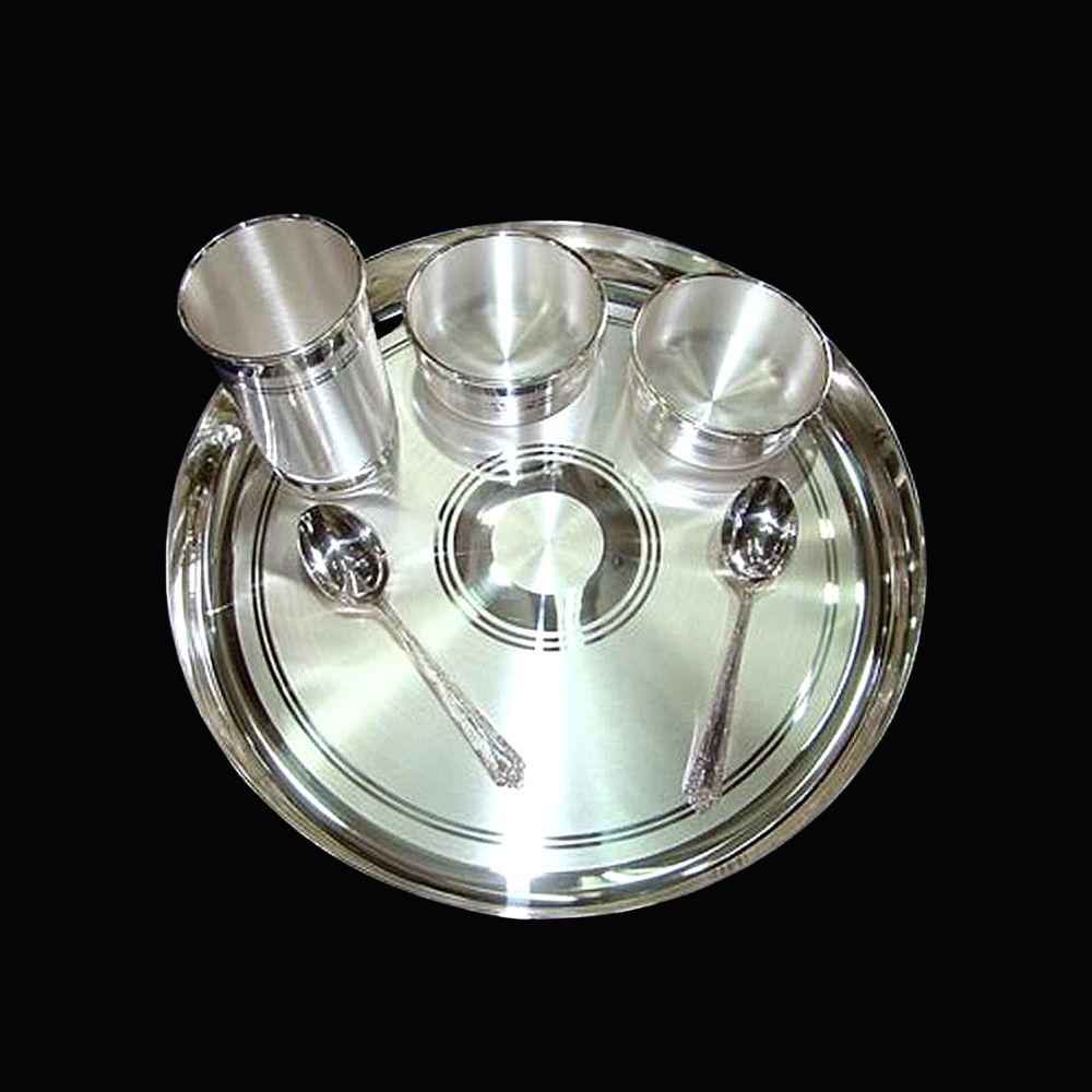 Pure Silver Mumbai Dinner Set With 2 Vati Set And Glass Emery Polished, 1510 grams, BIS Hallmarked