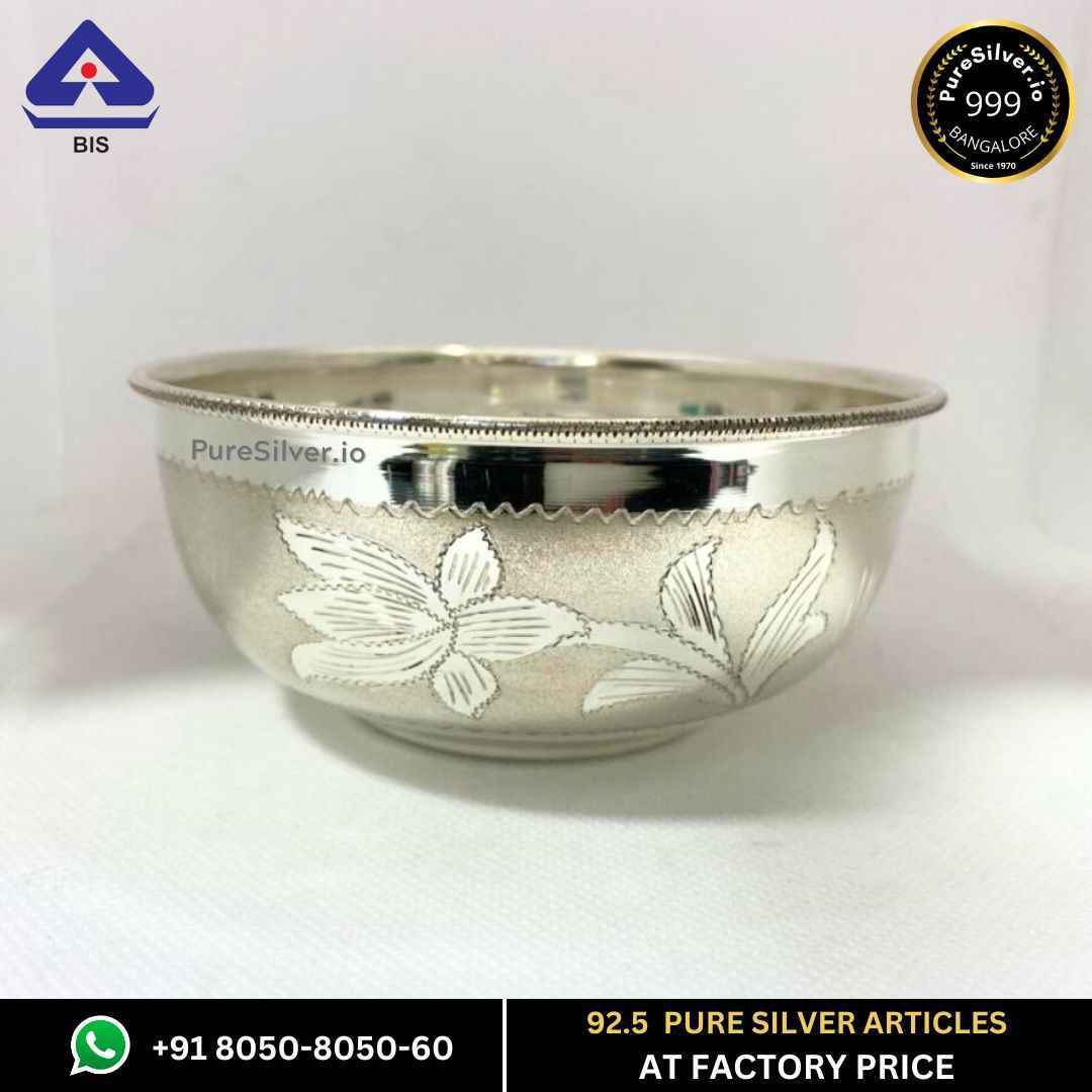 Delhi Pure Silver Bowl, Flat Floral | 925 Sterling Pure Silver (BIS Hallmarked) | WHOLESALE PRICE / Resell