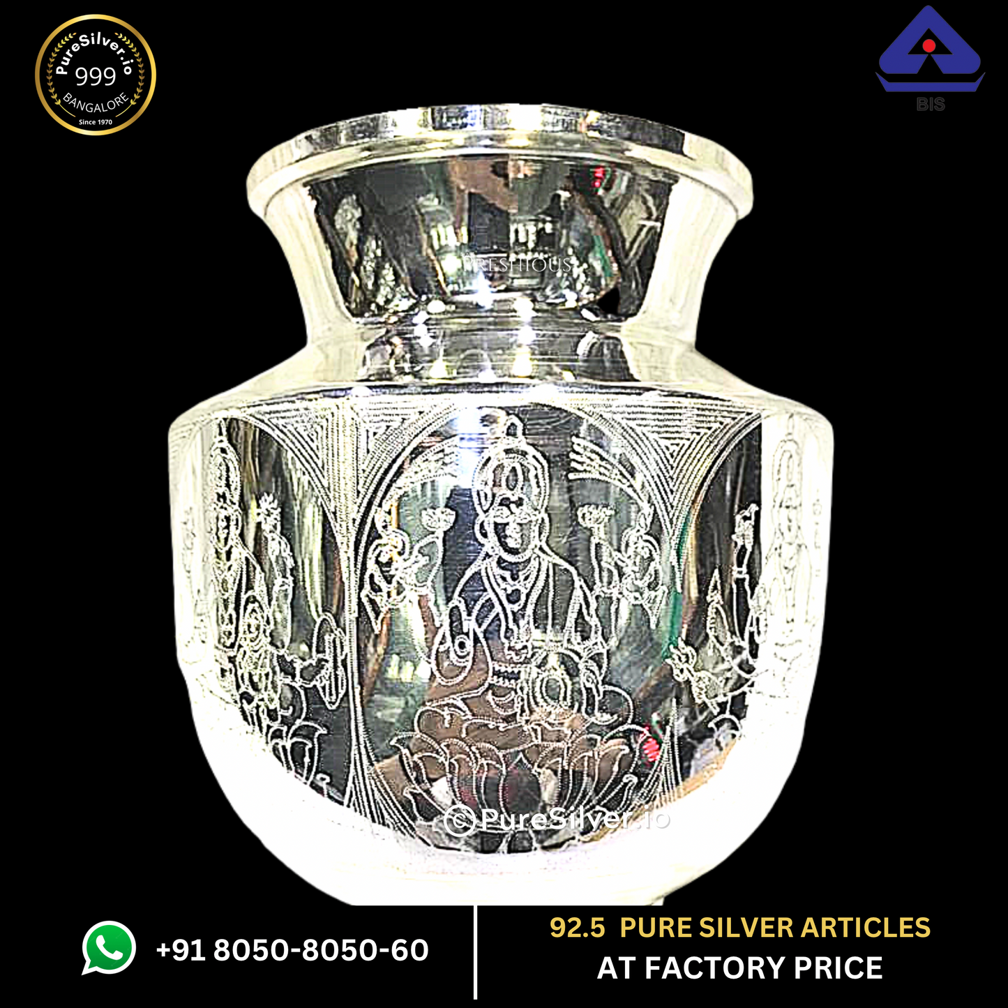 Pure Silver Kalash - Ashtalakshmi Chambu With Weights (100 - 500 gms) | Custom Orders & Bulk from Silver Factory