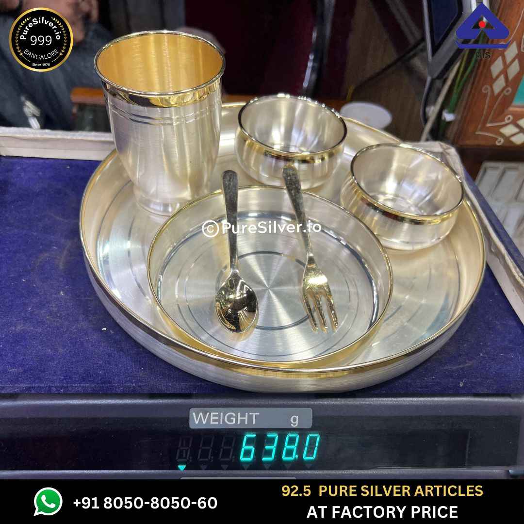 Luxury 24k Pure Gold Accent - Pure Silver Dinner Set with 925 BIS Hallmark, 640 grams, BIS Hallmarked
