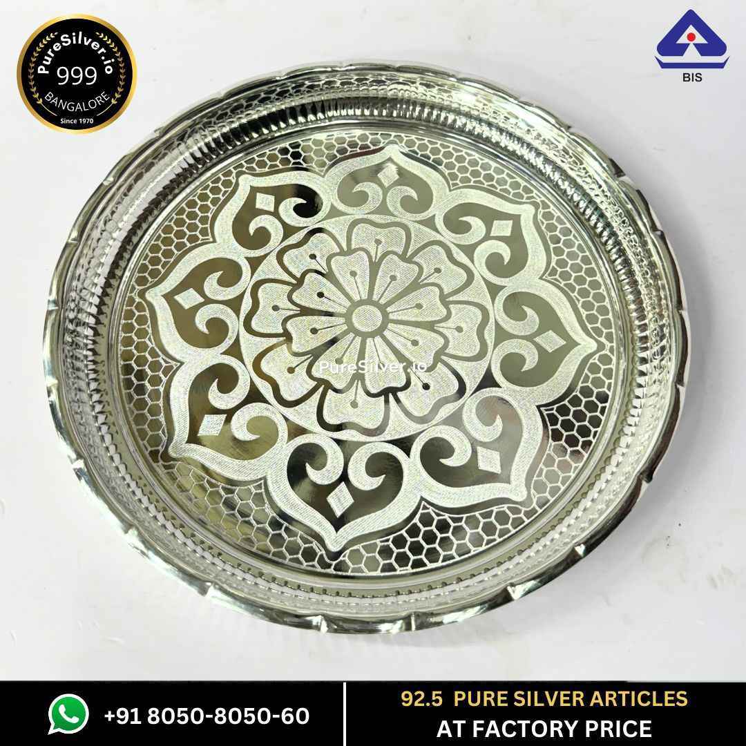 Pure Silver Arivana Kamal Radha Plate for Pooja Floral Design and Matt Finished, 200 grams, BIS Hallmarked