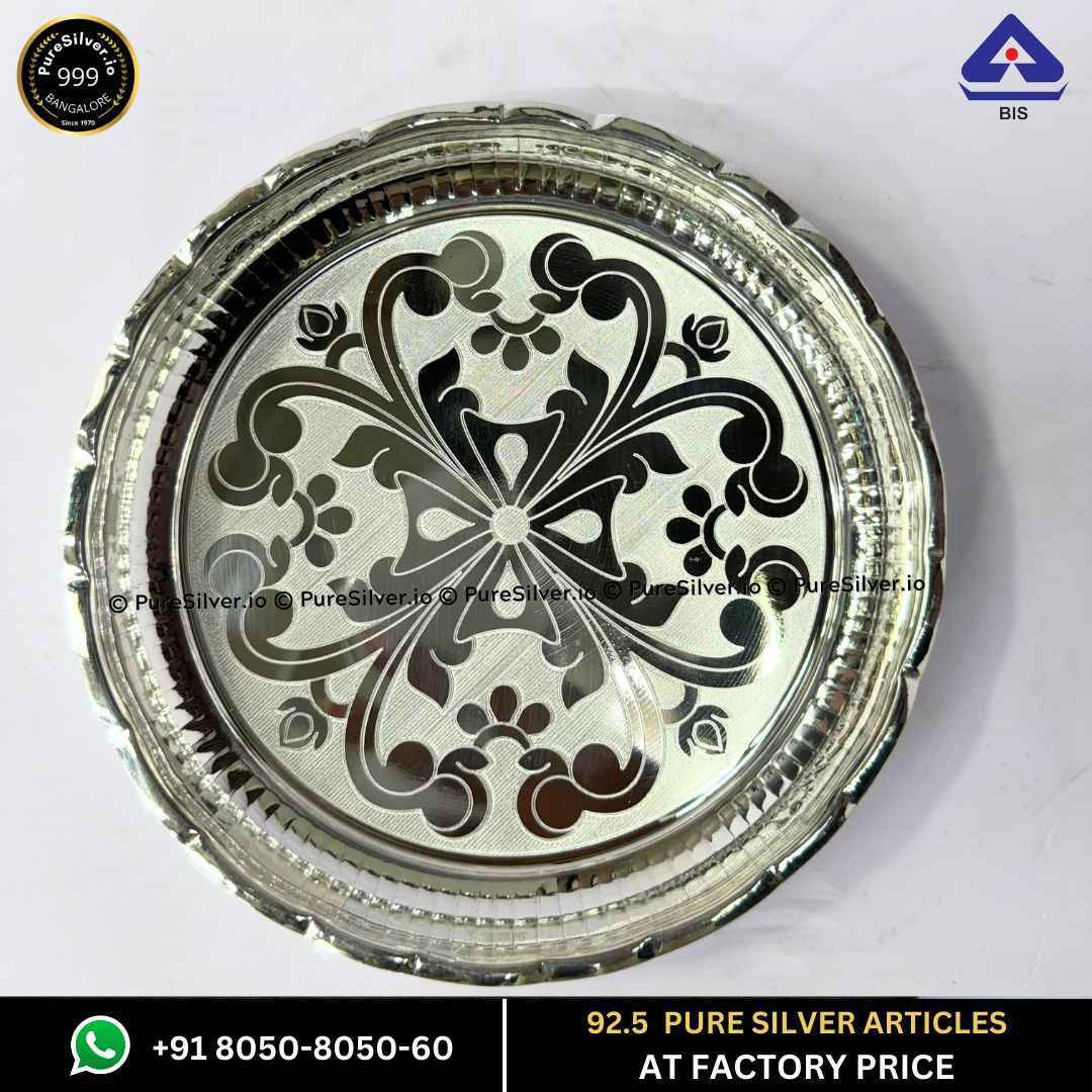 Pure Silver Arivana Kamal Radha Plate for Pooja Floral Design and Matt Finished, 80 grams, BIS Hallmarked