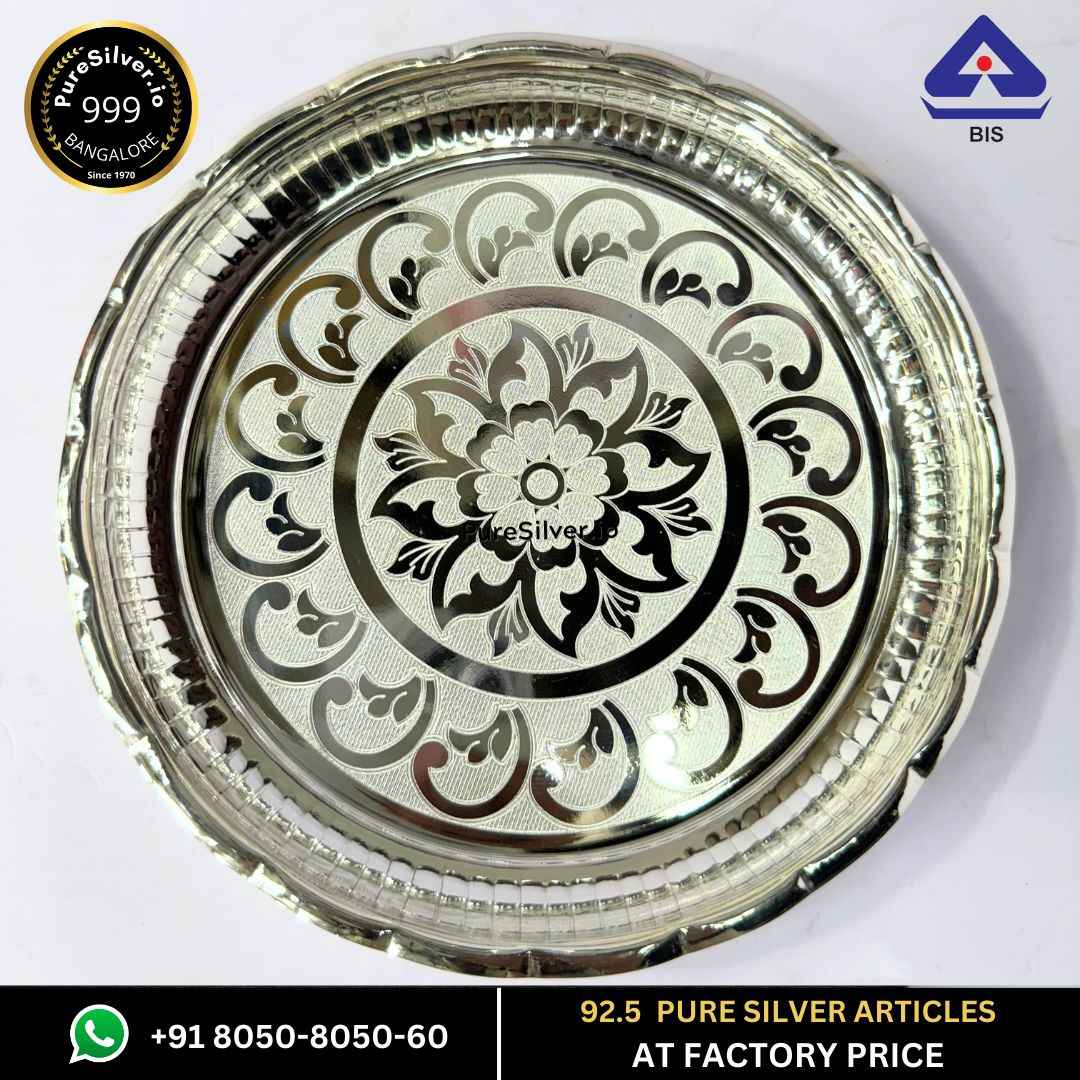 Pure Silver Arivana Kamal Radha Plate for Pooja Floral Design and Matt Finished, 180 grams, BIS Hallmarked