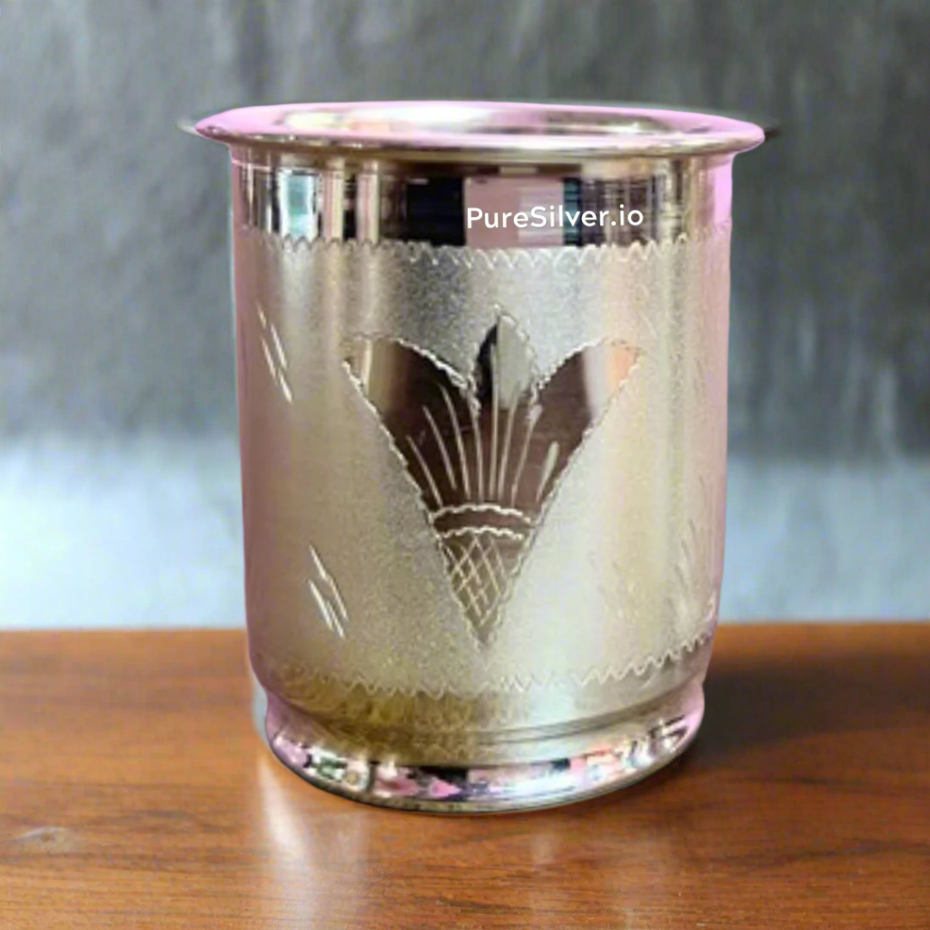 999 Pure Silver Glass ~ Rasna Designer Pattern with 990 BIS Hallmark, 100 grams, 300 ml