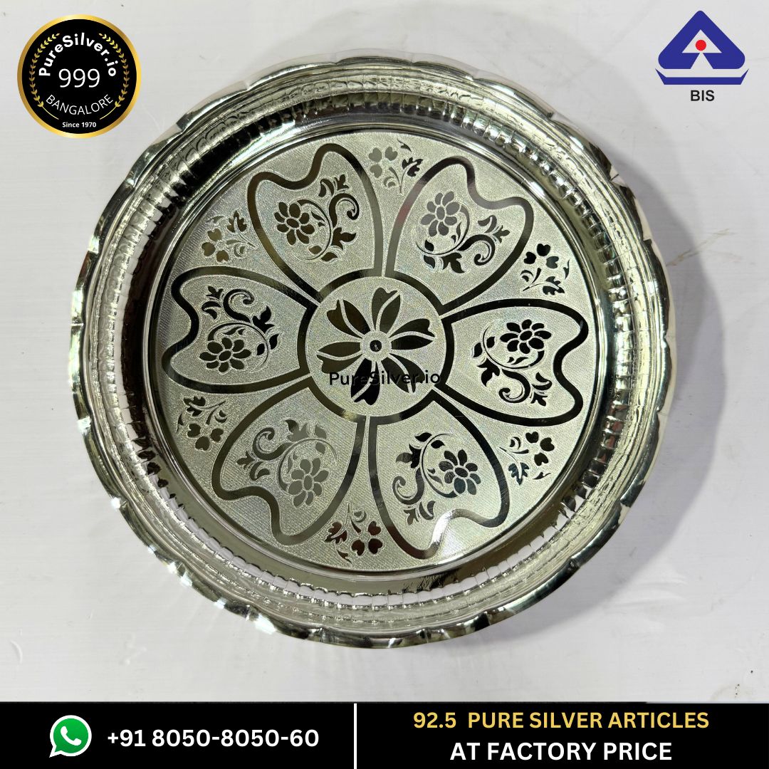 83 grams BIS Hallmarked Silver Arivana Kamal Radha Plate for Pooja - Floral Design and Matt Finished - | Custom Orders & Bulk from Silver Factory