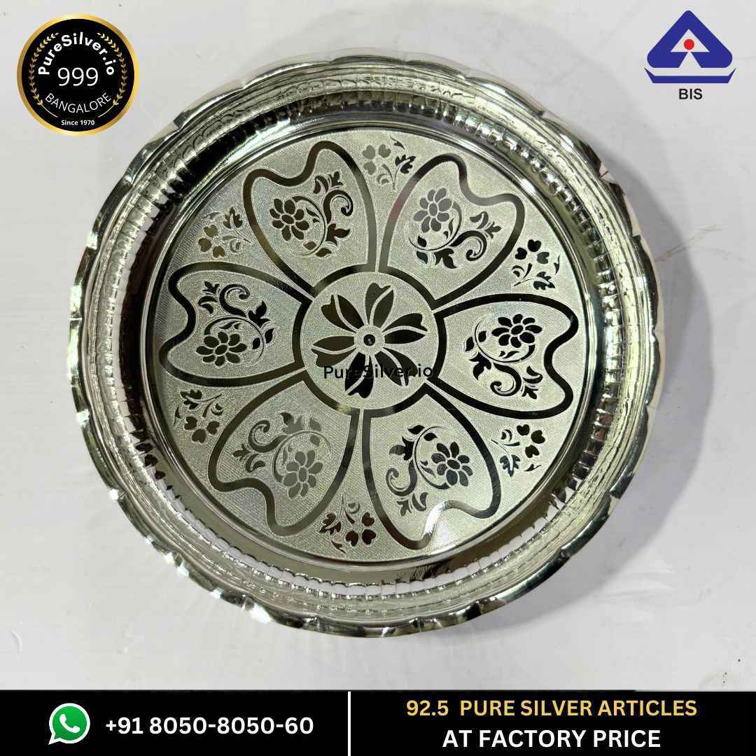 Silver Arivana Kamal Radha Plate for Pooja Floral Design and Matt Finished, 80 grams, BIS Hallmarked