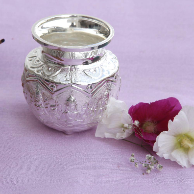 925 Silver Kalash - 600 ml, 4.25 inches (~152 grams) CHAMBU PATTERN, Ashtalakshmi V Theme