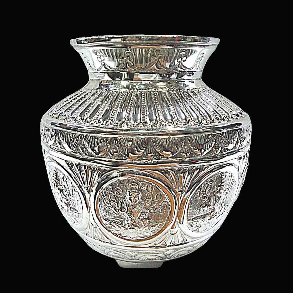 Silver Plate for Pooja Light weight Bangalore Pattern Silver Thali for Eating Embossed Ringed AshtaLakshmi Design, 360 grams, BIS Hallmarked