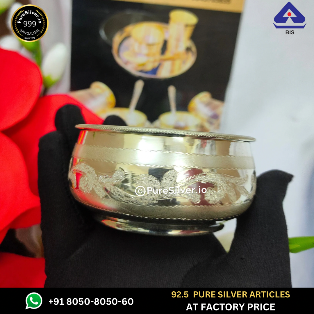 925 Pure Silver Bowl and Spoon for Baby - 3 x 1.5 inches (~87 grams) Matka B Pattern (Var 3) | BIS Hallmarked