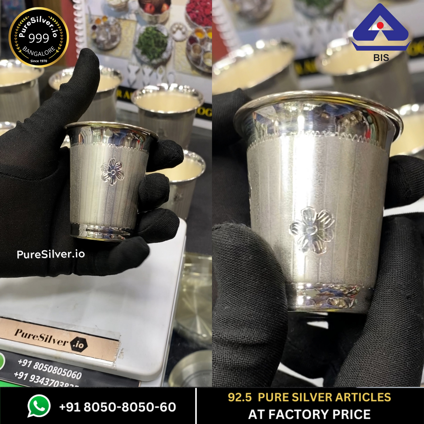 Pure Silver Glass (V Pattern) Floral Design and Matt Finished, 30 grams, BIS Hallmarked - PureSilver.io