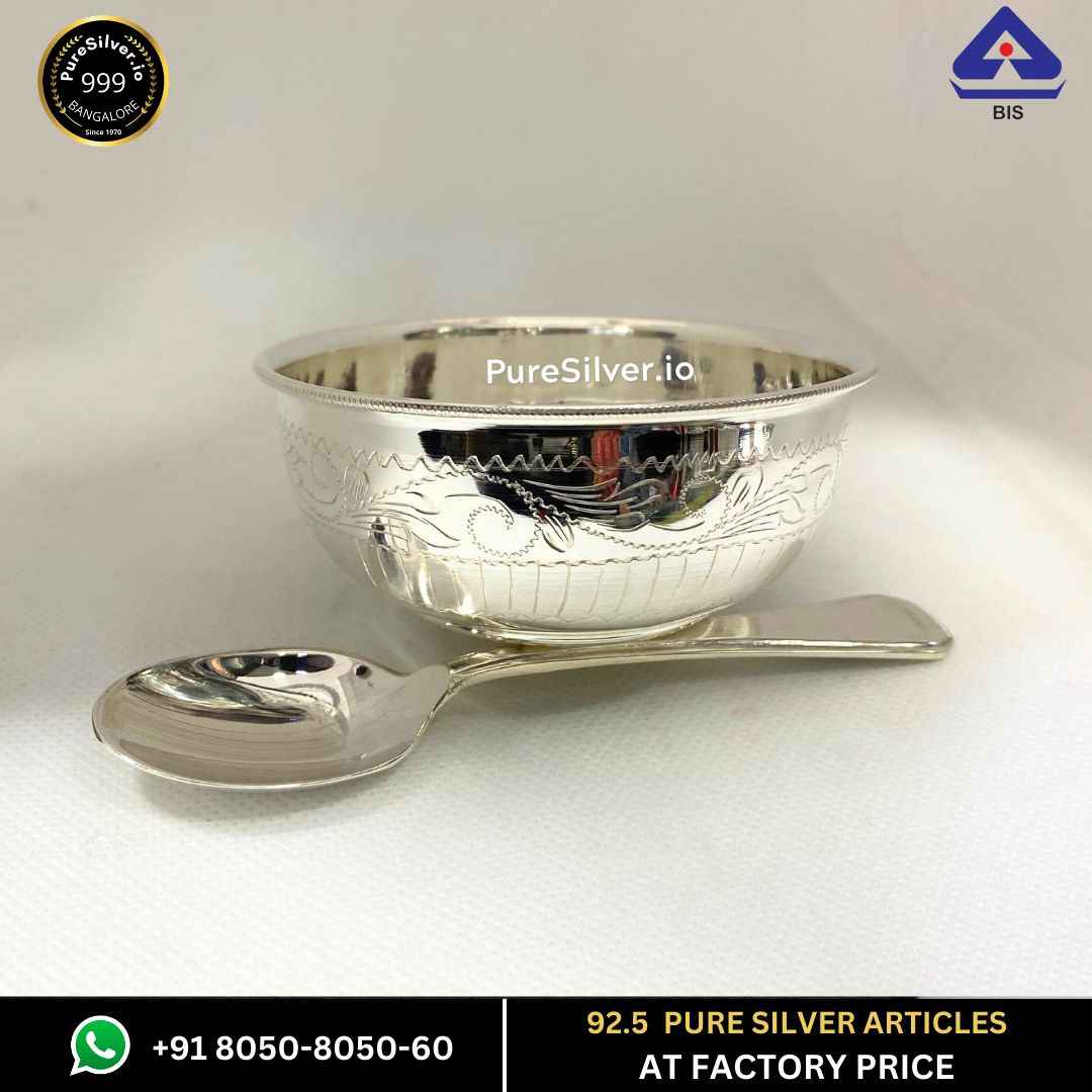 925 Pure Silver Bowl with Spoon 3.5" * 1.75" Bayl Delhi Pattern, 50 grams, BIS Hallmarked