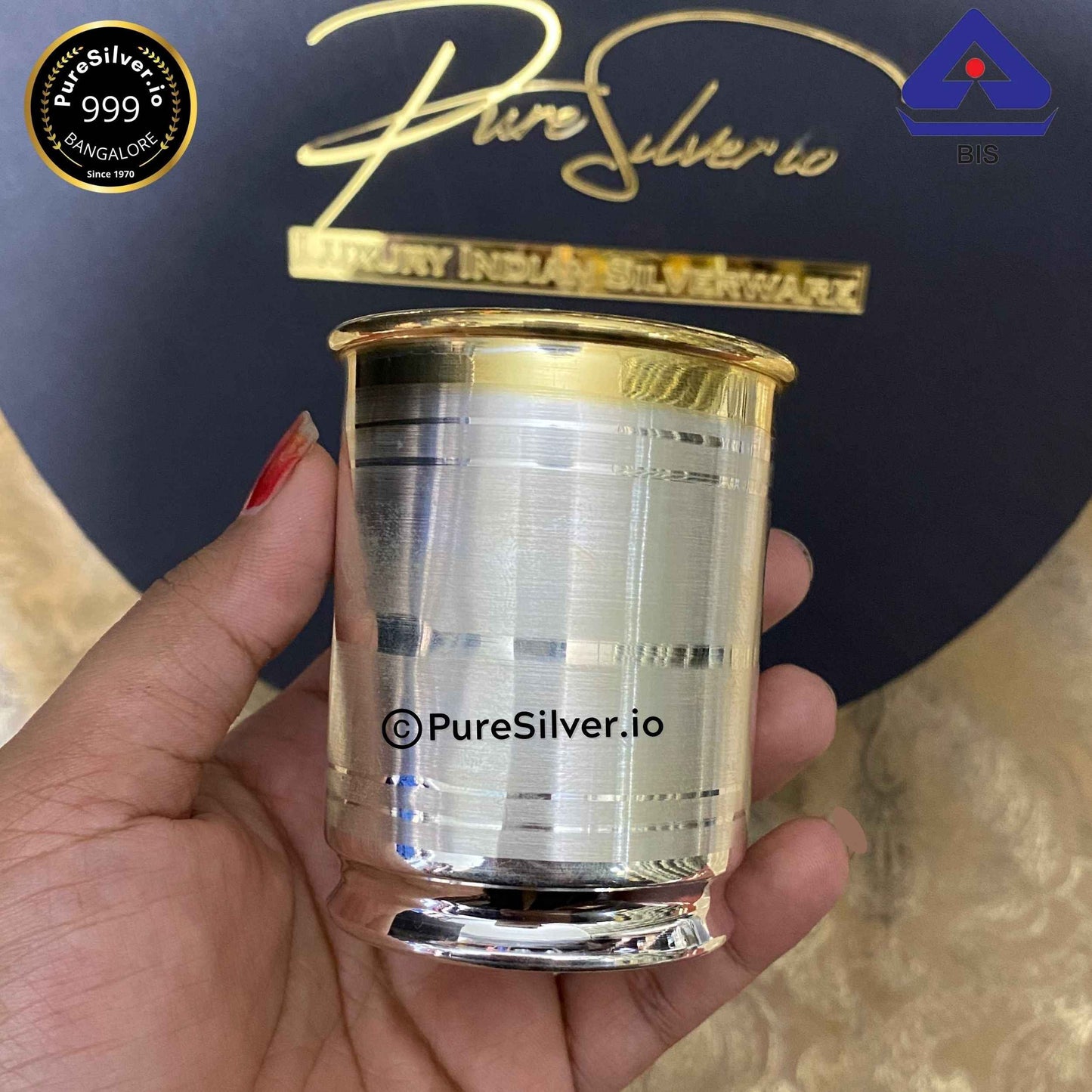 24k Pure Gold Accent Pure Silver Glass, 3 inches, RASNA PATTERN, 50 grams, 125 ml, BIS Hallmarked