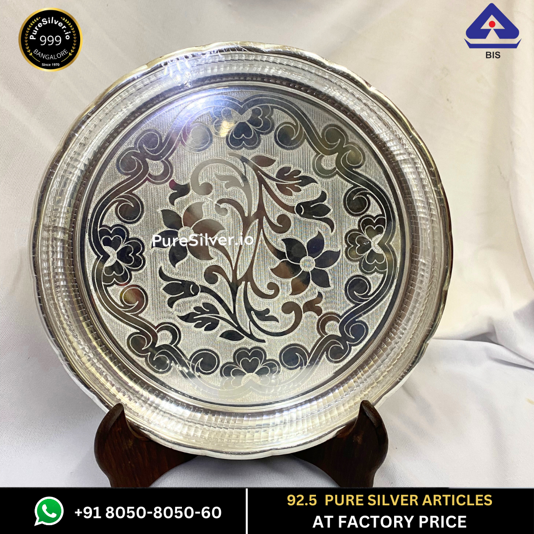 WHOLESALE PRICE: Pure Silver Plate - Responsive Floral Arivana Silver Plate for Pooja (9 to 12 inches / 200 gms to 725 gms)