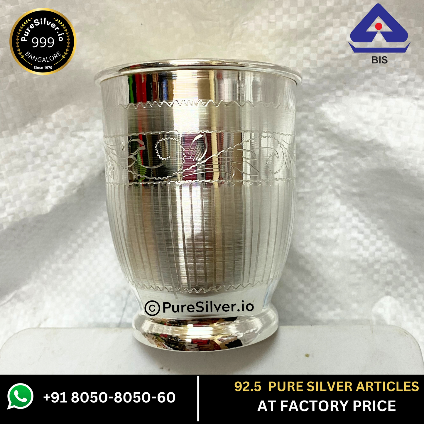 52 grams BIS Hallmarked Silver Glass - Indian Design and Matt Finished - | Custom Orders & Bulk from Silver Factory