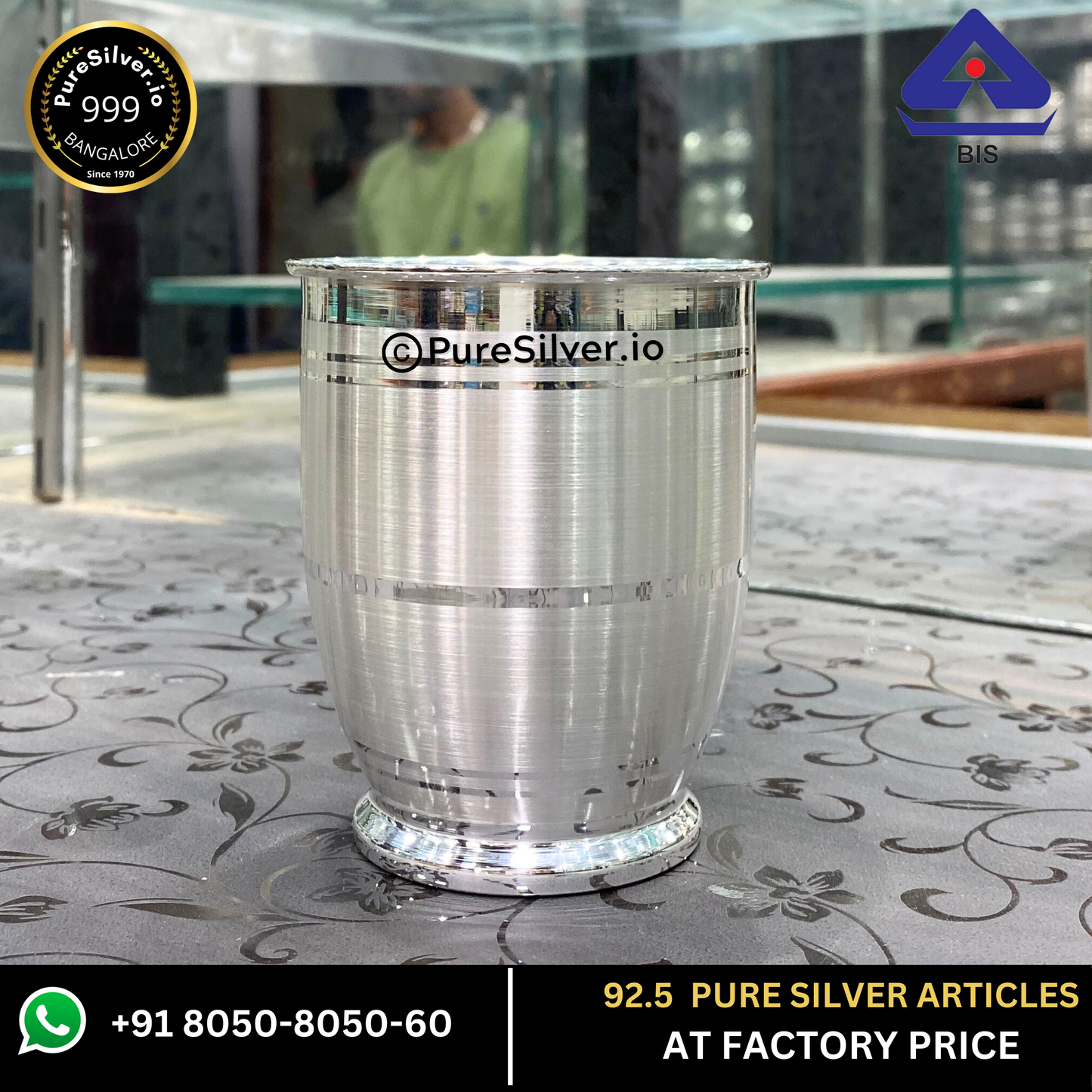 Pure Silver Glass (Chico Pattern) Emery Polished, 60 grams, BIS Hallmarked - PureSilver.io