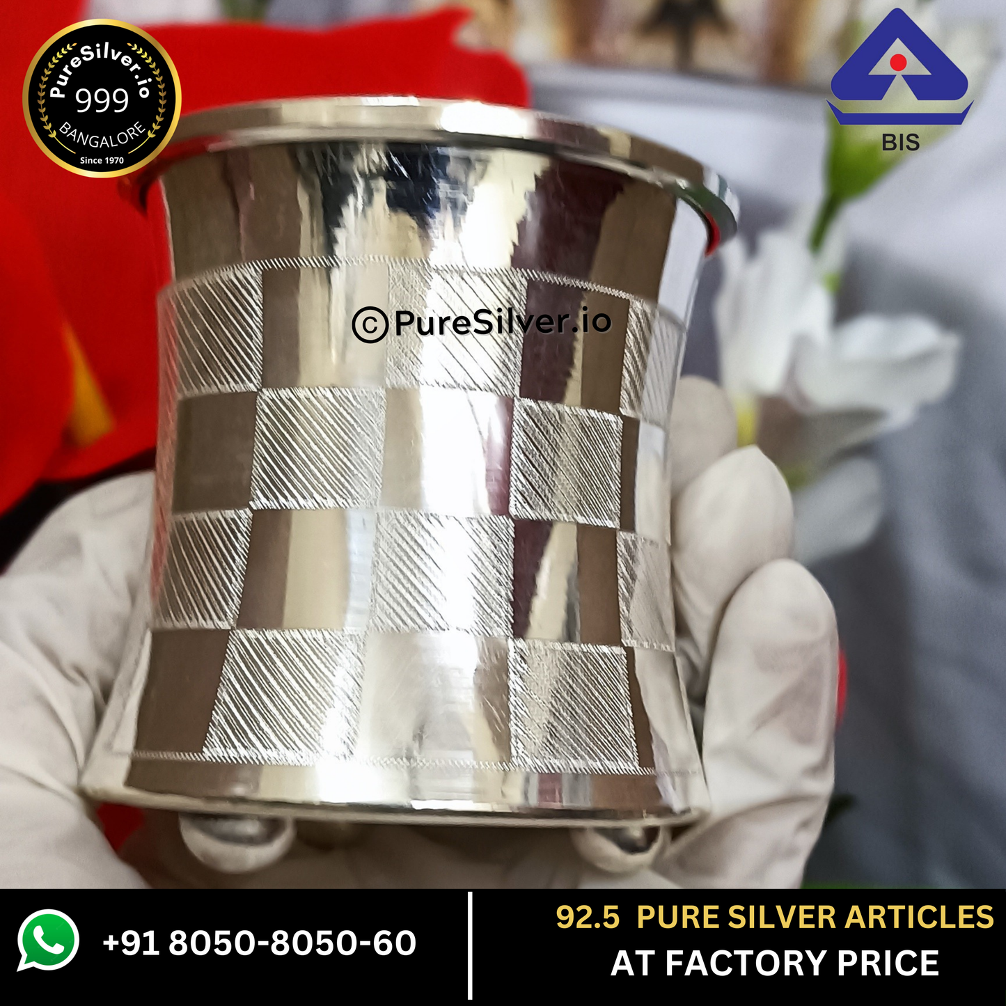 Silver Panchpatra Indian Design and Mirror Finished, 80 grams, BIS Hallmarked - PureSilver.io