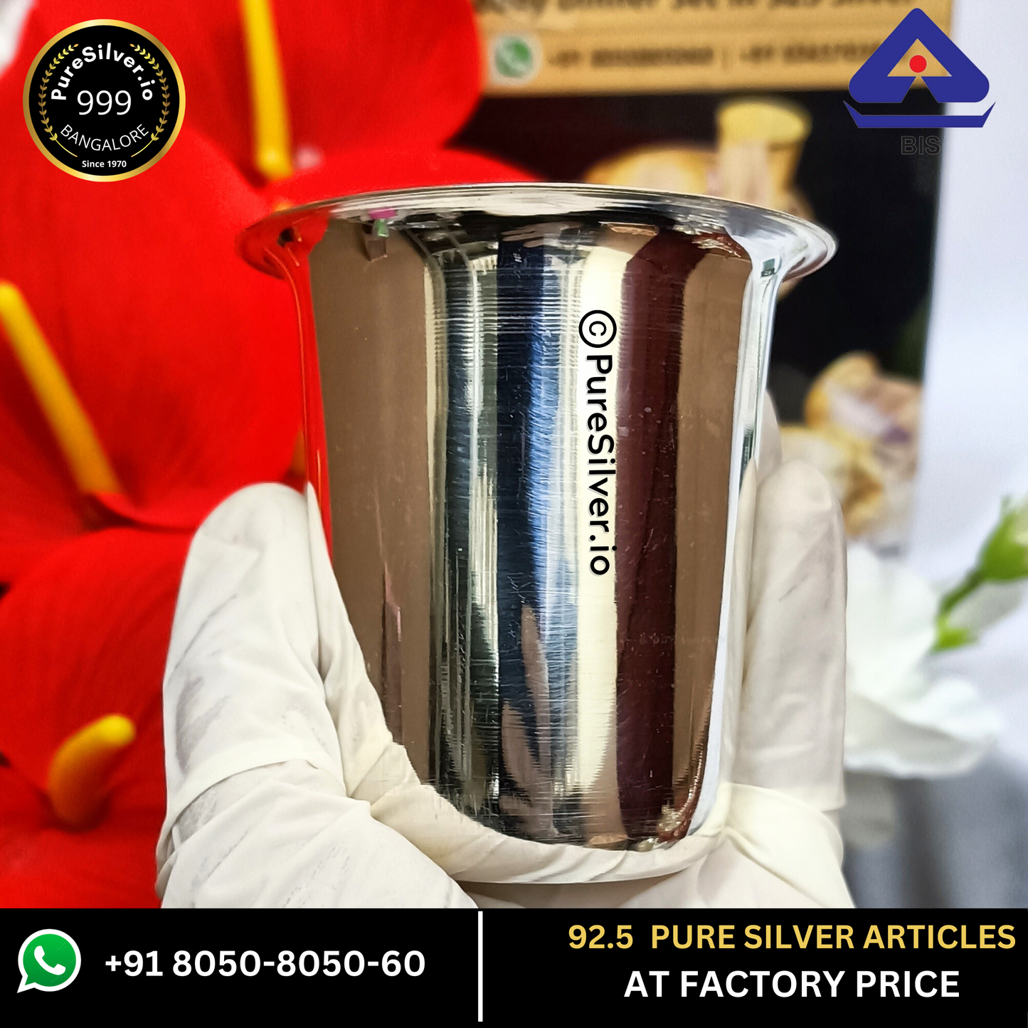 Pure Silver Glass Malabar Pattern Mirror Finished, 60 grams, BIS Hallmarked - PureSilver.io