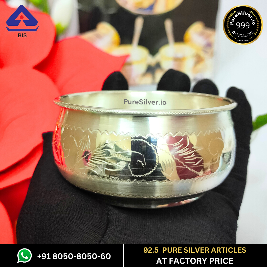 Matka Pure Silver Bowl, Designer Flat Florals | 925 Sterling Pure Silver (BIS Hallmarked) | WHOLESALE PRICE / Resell