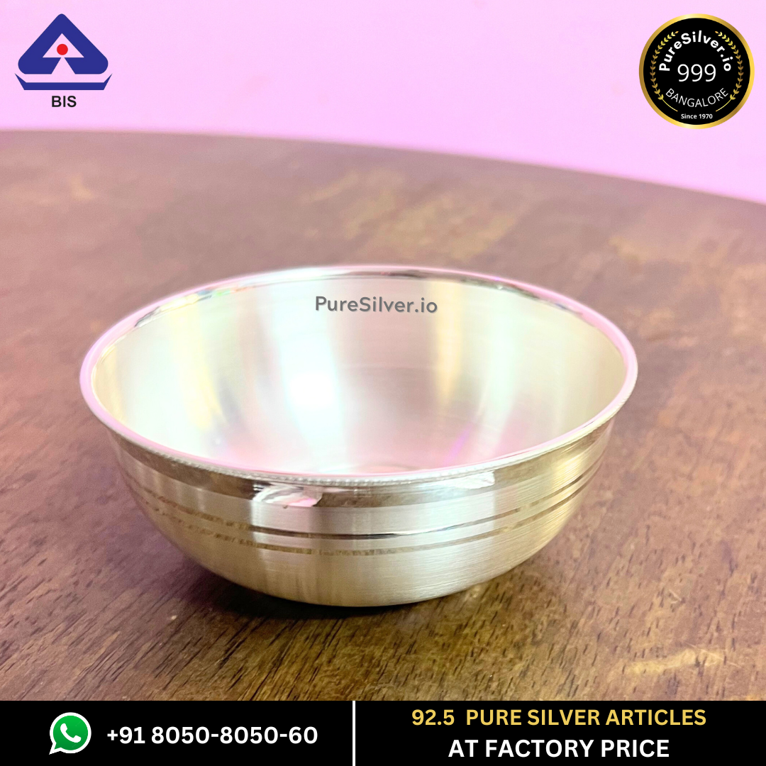 Pure Silver Delhi Bowl for Baby Silver Katori Embossed Indian Design and Mirror Finished, 60 grams, BIS Hallmarked