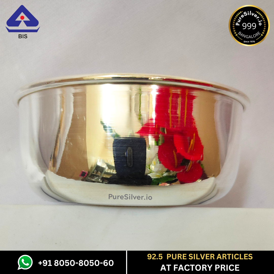 Pure Silver Bowl - Vati Silver Bowl With Weights (30 - 100 gms / 2.25" - 3.5") Mirror Beeding | Custom Orders & Bulk from Silver Factory