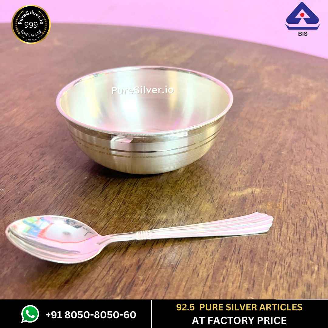 Pure Silver Bowl with Spoon 4.25" width * 2.2" height, 80 grams, BIS Hallmarked