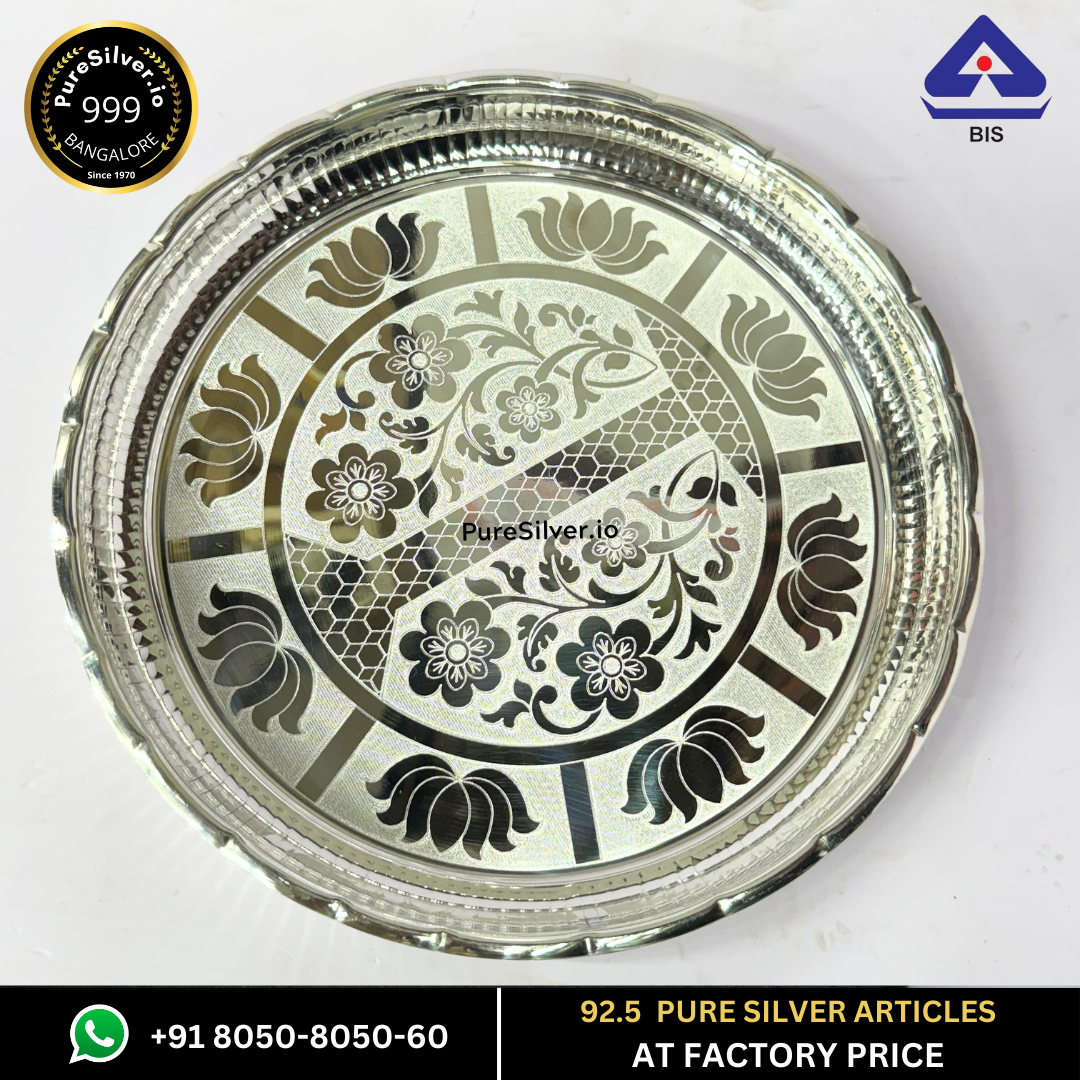 WHOLESALE PRICE: Pure Silver Plate - Arivana Designer Lotus Silver Plate for Pooja (9 to 12 inches / 200 gms to 725 gms)