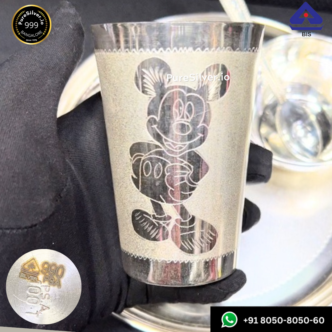 999 Pure Silver Glass for Kids with 990 BIS Hallmark - Mickey Mouse Theme - | Custom Orders & Bulk from Silver Factory