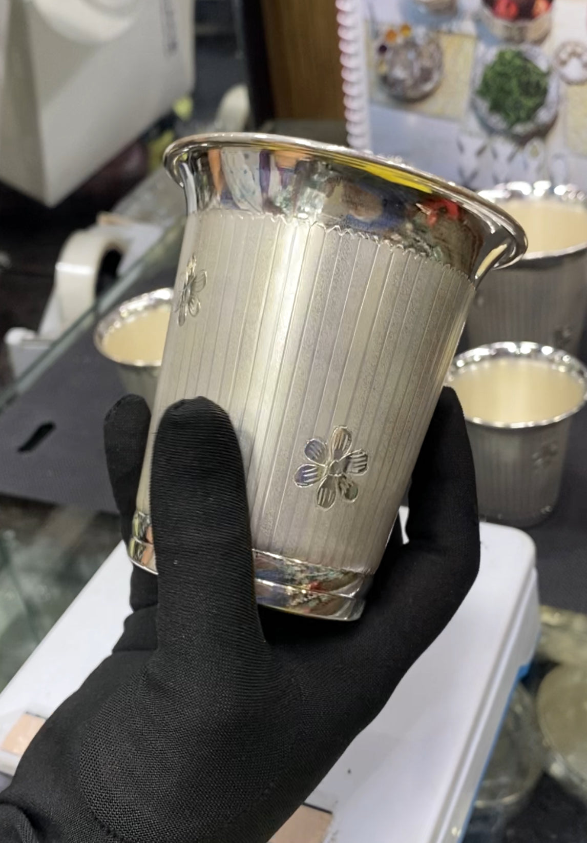 103 grams BIS Hallmarked Silver Glass - 350 ml (V Pattern) - Indian Floral Design - | Custom Orders & Bulk from Silver Factory