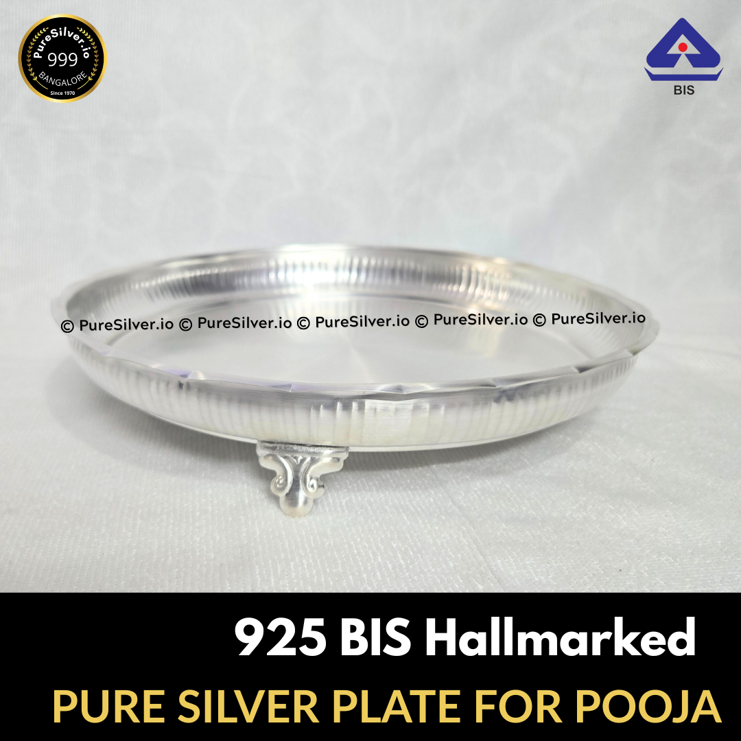 7 Pcs Pure Silver Pooja Thali Set, 1 Kg, 925 BIS Hallmarked