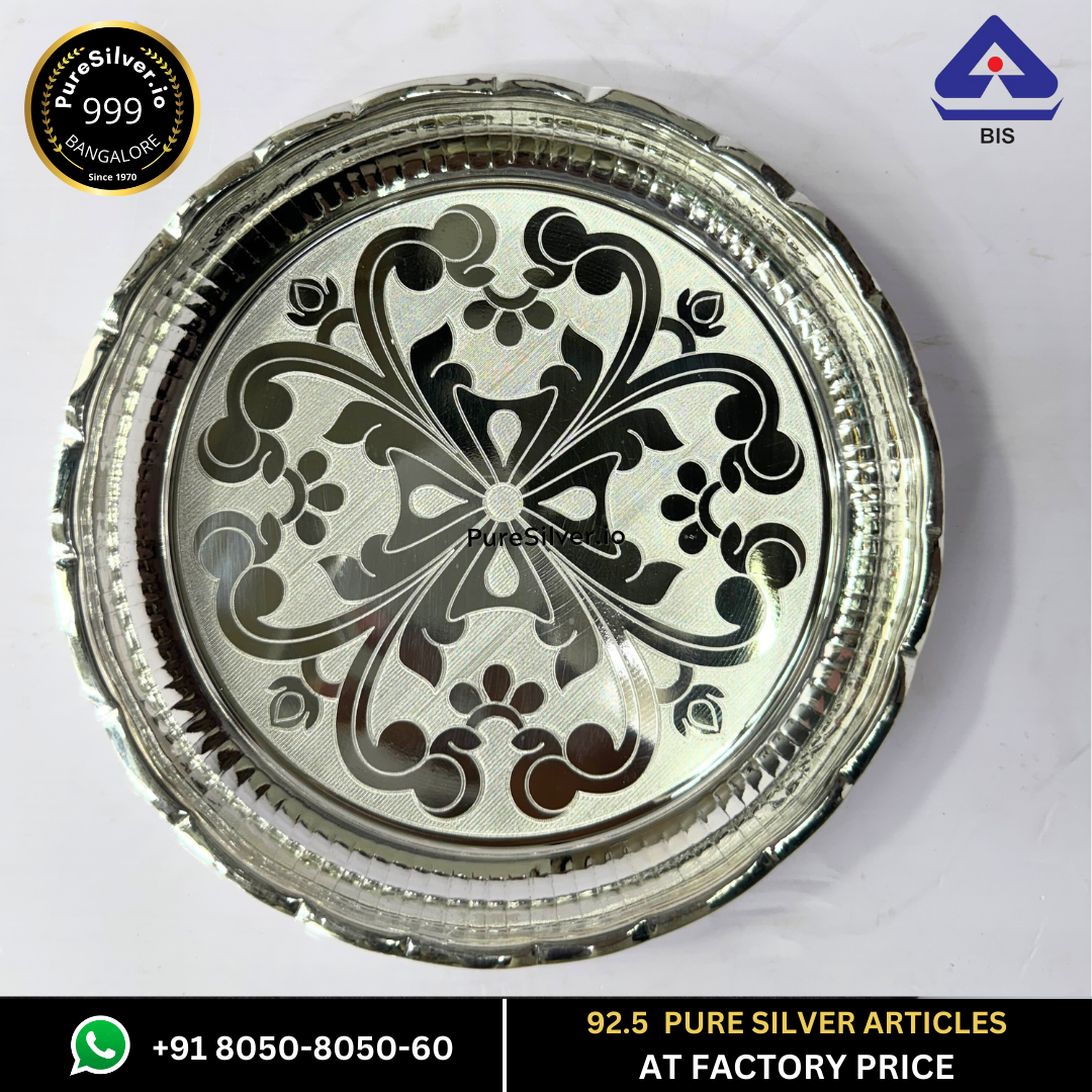 WHOLESALE PRICE: Pure Silver Plate - Arivana Designer Silver Plate for Pooja (9 to 12 inches / 200 gms to 725 gms)