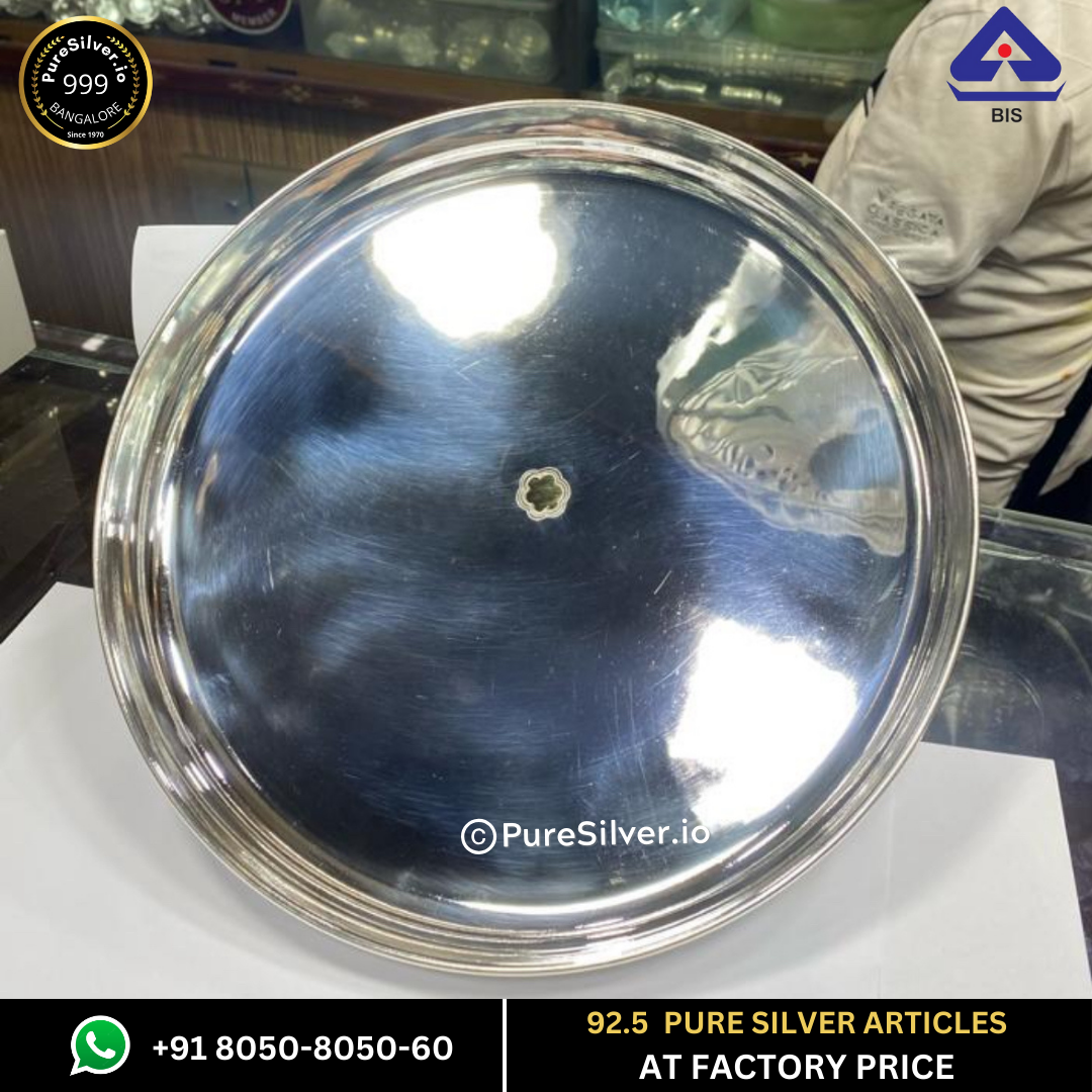 Pure Silver Plate with 24k Pure Gold Flower - Bangalore Silver Thali (6 to 12 inches / 100 gms to 630 gms) | Custom Orders & Bulk from Silver Factory