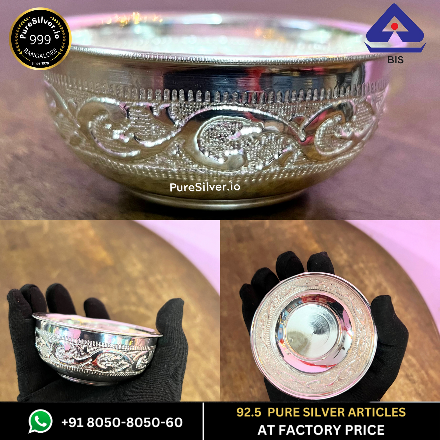 Pure Silver Delhi Bowl for Baby Silver Katori Mirror Finished, 410 grams, BIS Hallmarked - PureSilver.io
