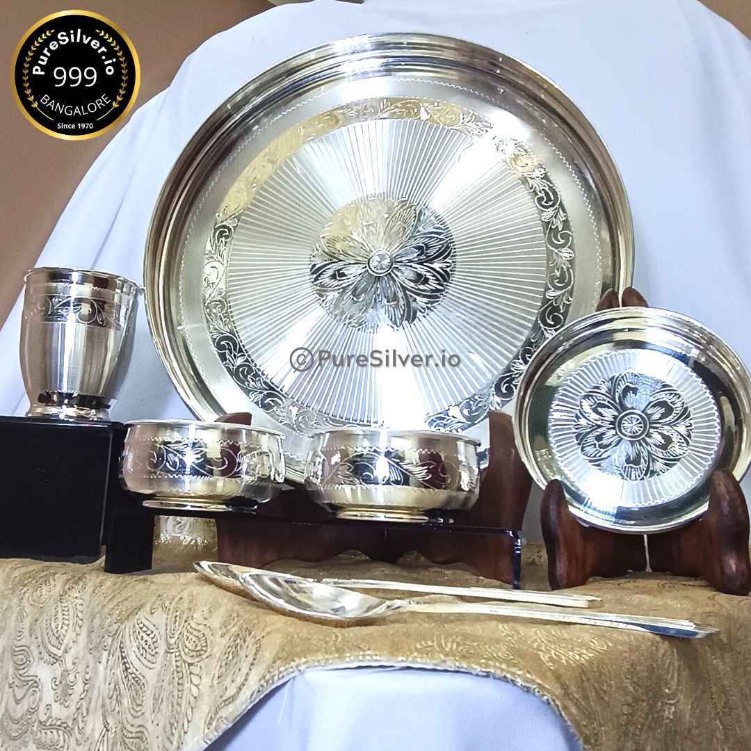 Pure Silver 6 Pcs Mumbai Dinner Set With Vati Set LUXE Collection, 1200 grams, BIS Hallmarked