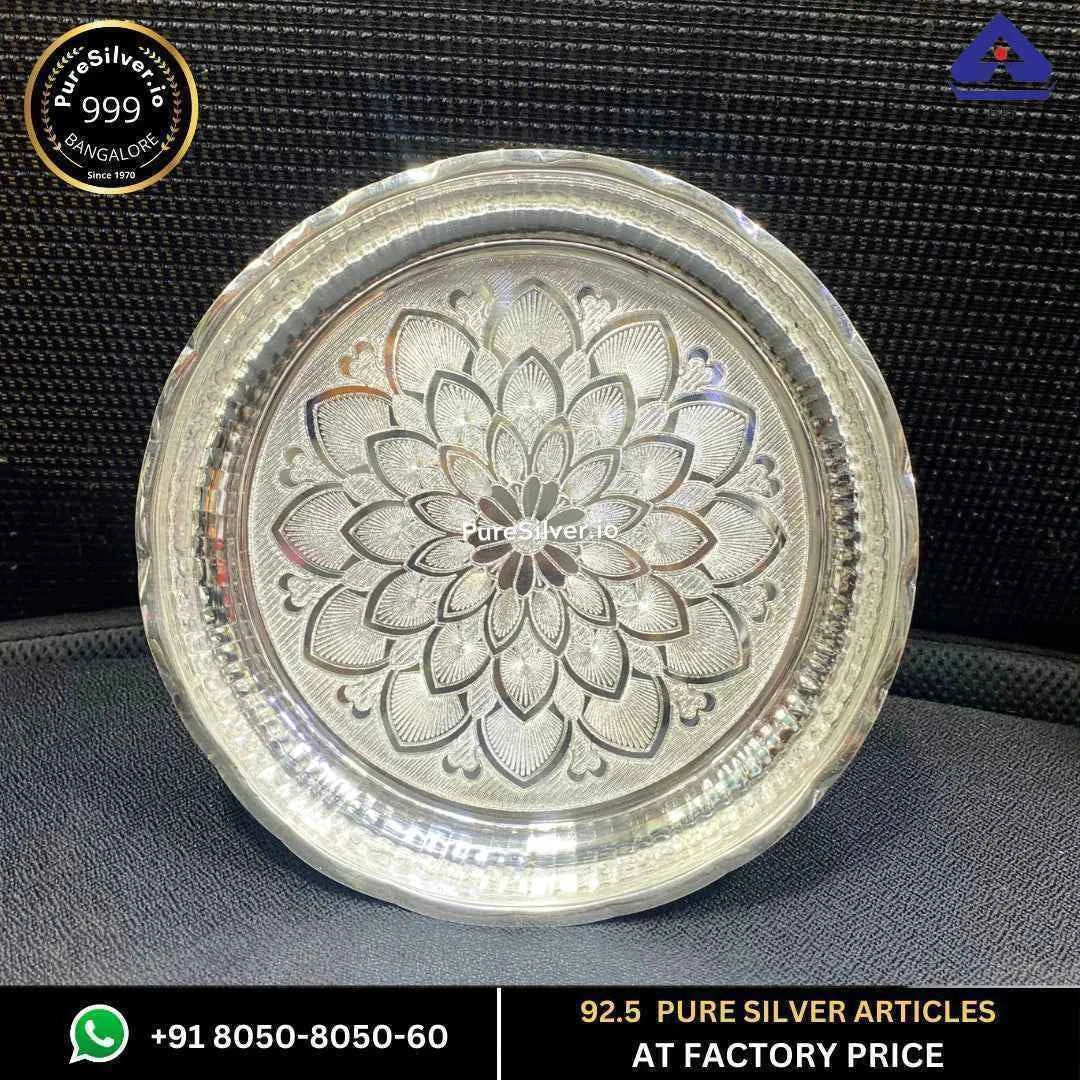 Pure Silver Arivana Kamal Radha Plate for Pooja Floral Design and Matt Finished, 50 grams, BIS Hallmarked