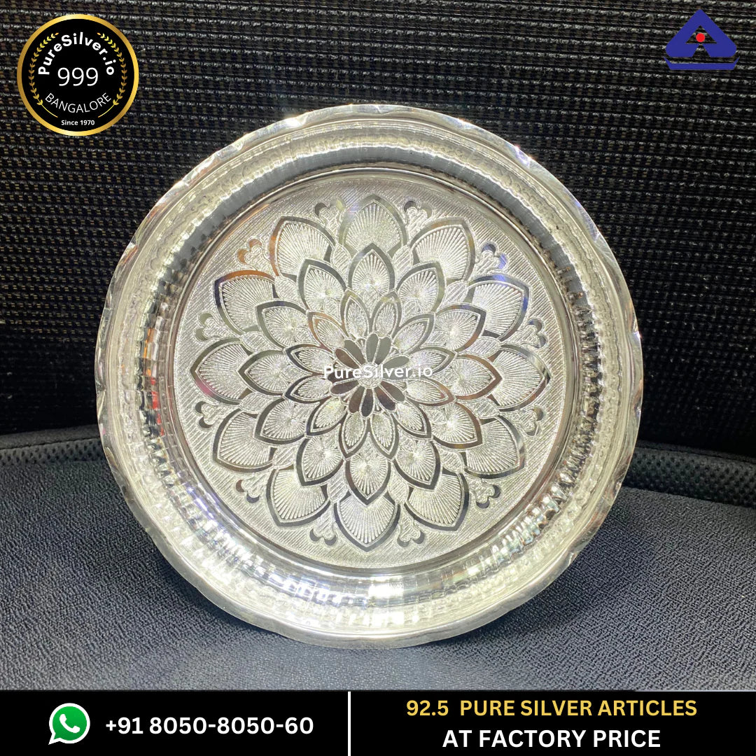 63 grams BIS Hallmarked Silver Arivana Kamal Radha Plate for Pooja - Floral Design and Matt Finished - | Custom Orders & Bulk from Silver Factory