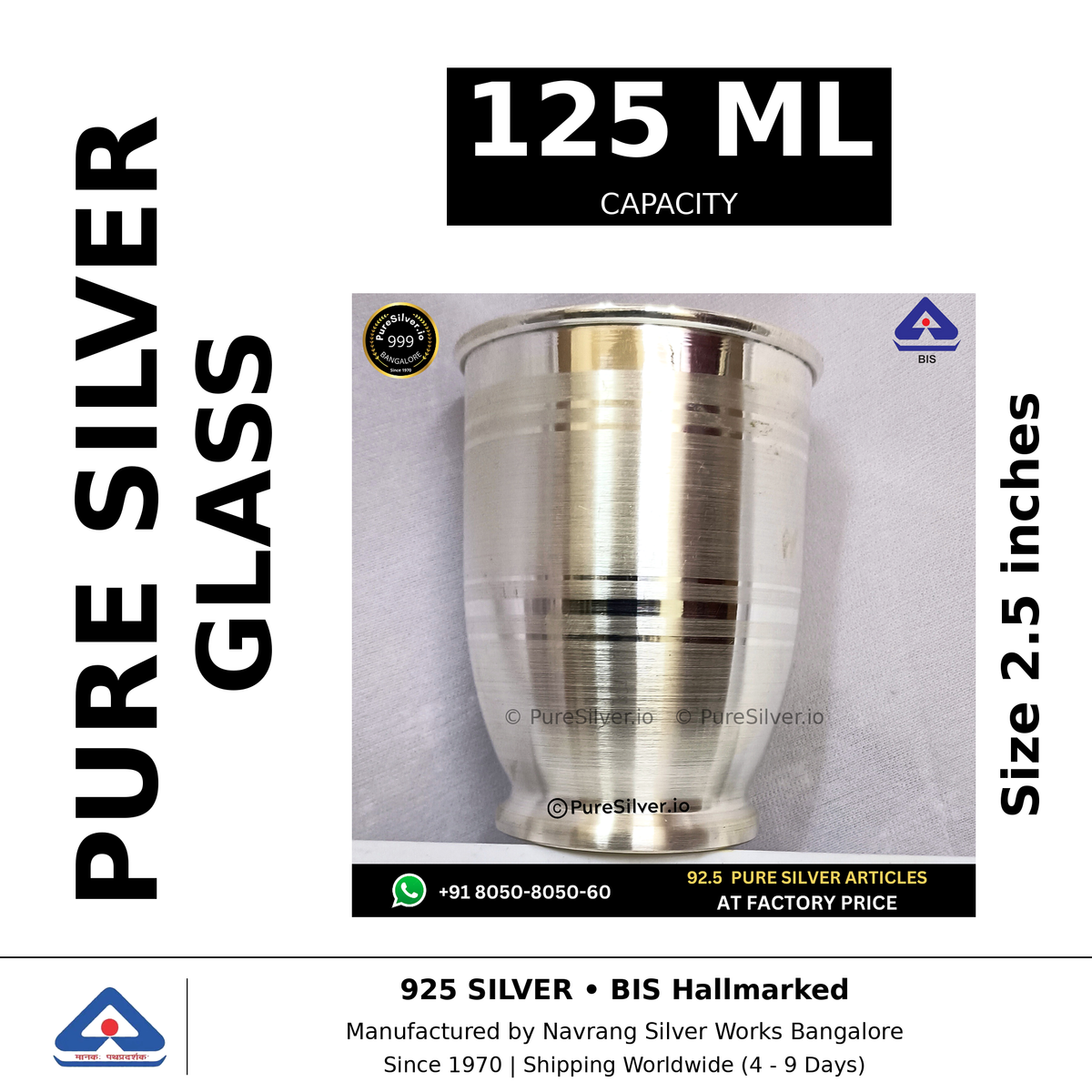 Pure silver glass, 125 ml capacity, size 2.5 inches, black and white specifications image