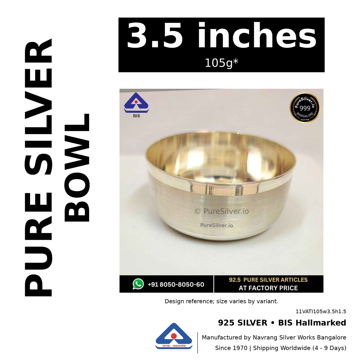 925 BIS hallmarked silver bowl, 3.5 inches • 105g*. Design reference; size varies by variant. Code 11VATI105w3.5h1.5.