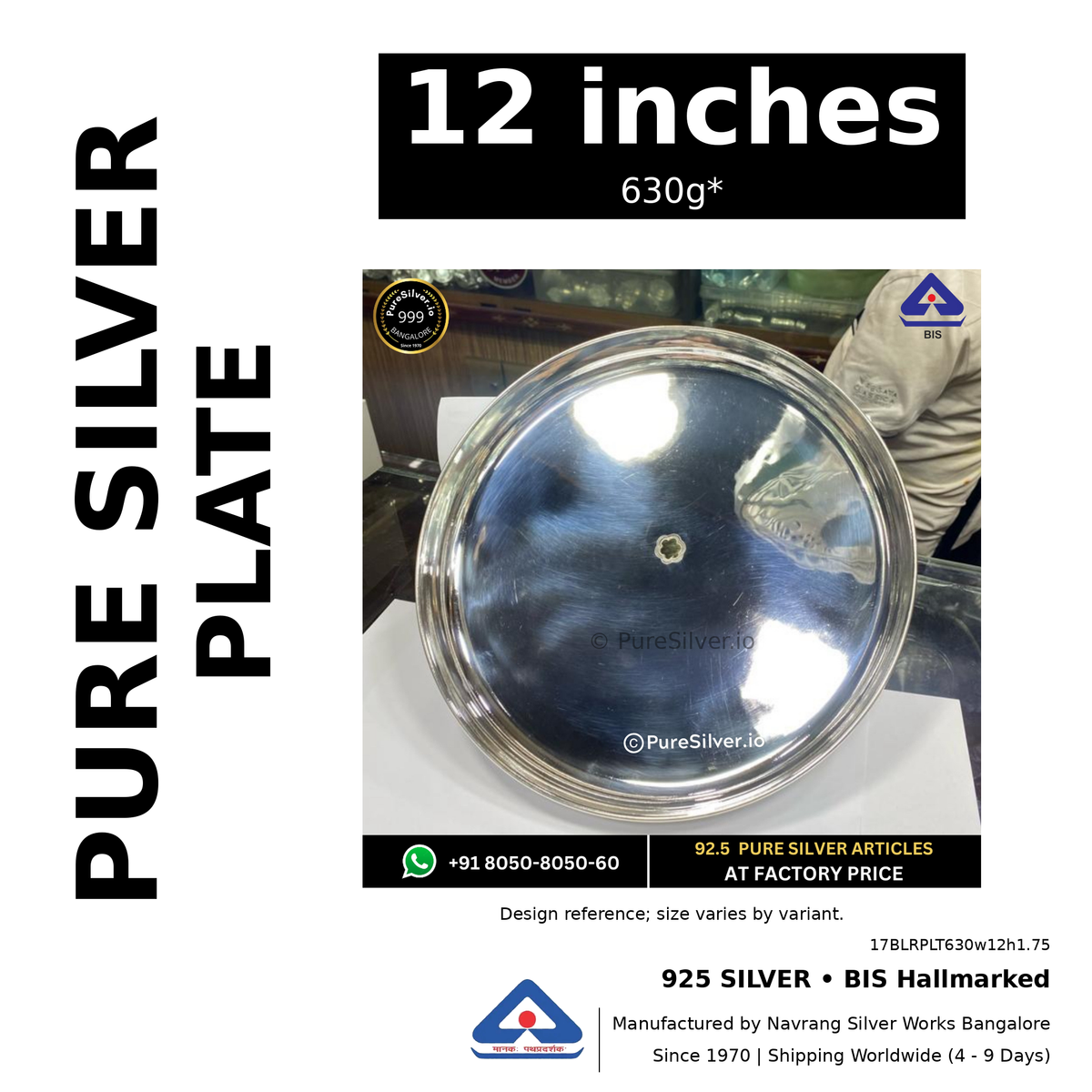 925 BIS hallmarked silver plate, 12 inches • 630g*. Design reference; size varies by variant. Code 17BLRPLT630w12h1.75.