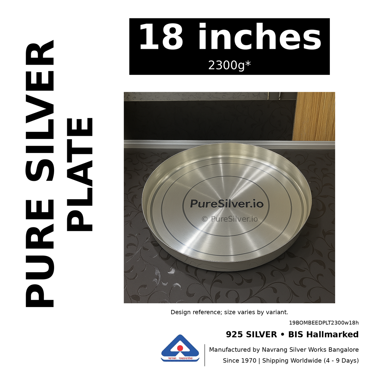 925 BIS hallmarked silver plate, 18 inches • 2300g*. Design reference; size varies by variant. Code 19BOMBEEDPLT2300w18h.
