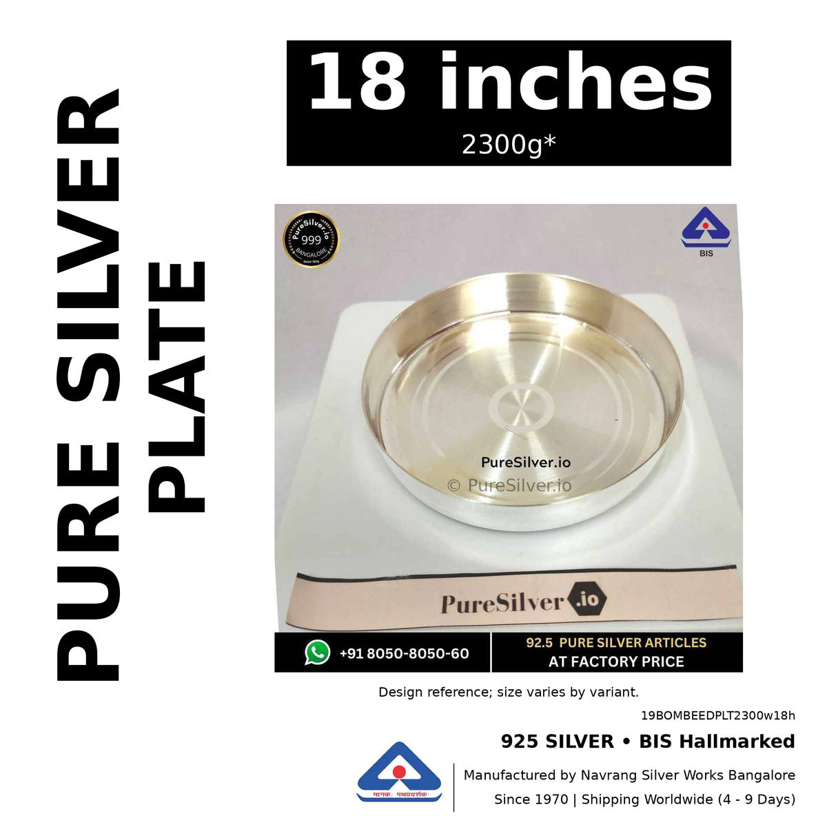 925 BIS hallmarked silver plate, 18 inches • 2300g*. Design reference; size varies by variant. Code 19BOMBEEDPLT2300w18h.
