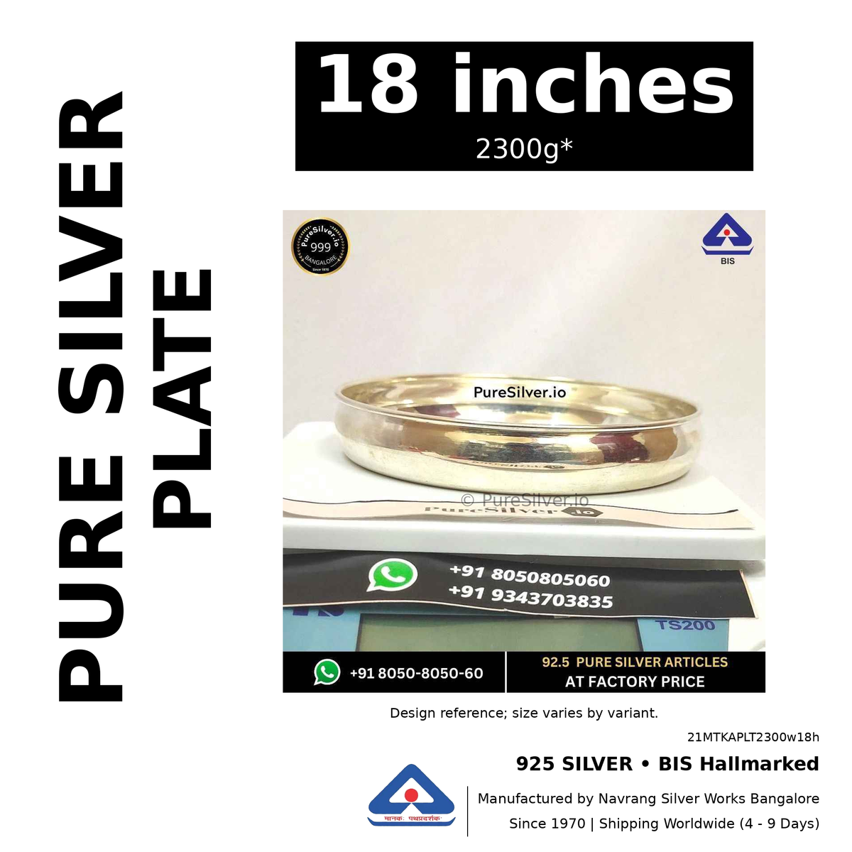 925 BIS hallmarked silver plate, 18 inches • 2300g*. Design reference; size varies by variant. Code 21MTKAPLT2300w18h.