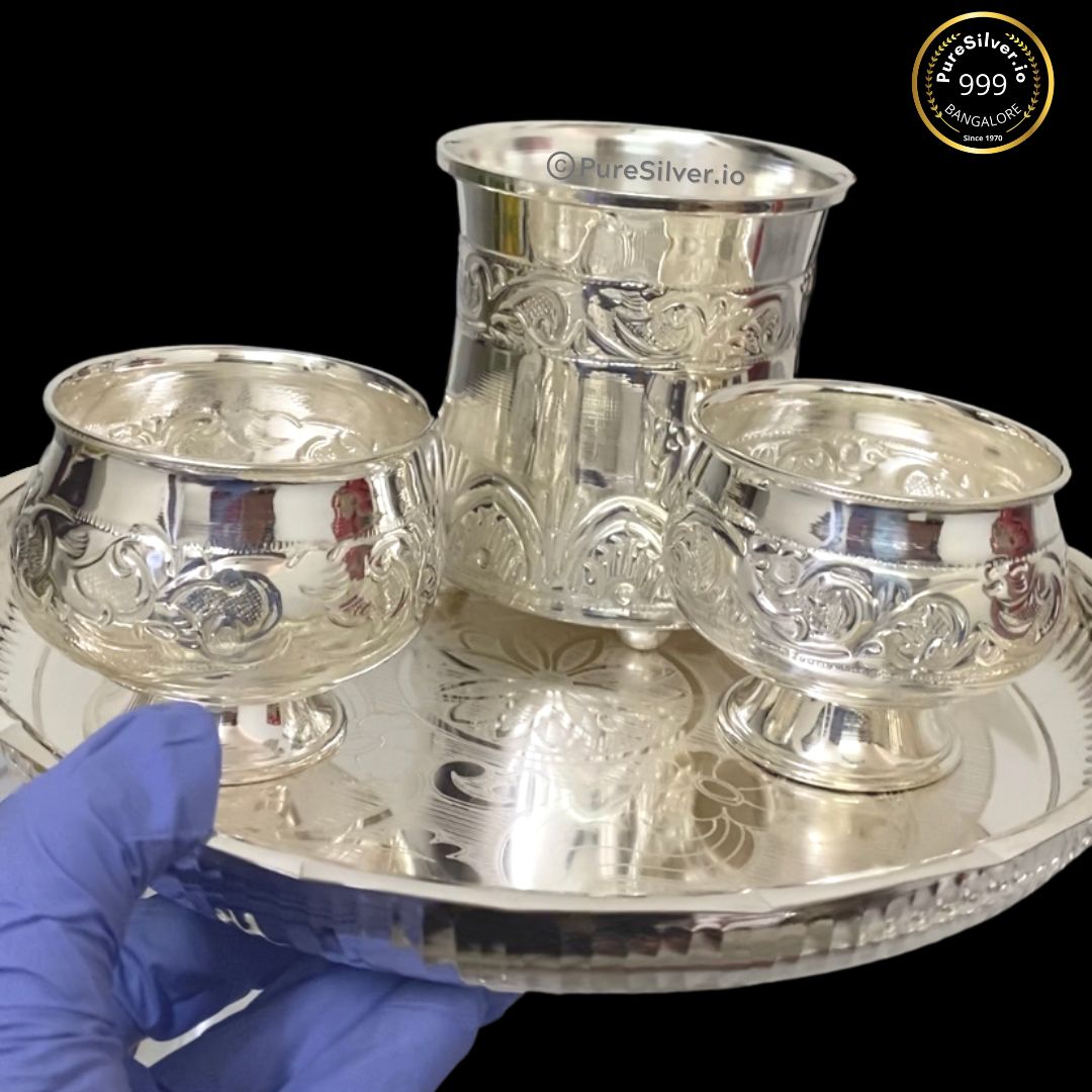 Pure Silver Pooja Thali Set Bangalore Arivana - 480 grams - | Custom Orders & Bulk from Silver Factory