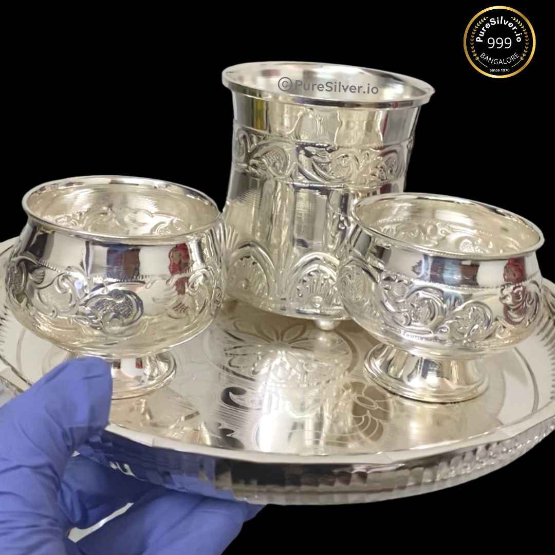 Pure Silver Pooja Thali Set Bangalore Arivana, 480 grams, BIS Hallmarked