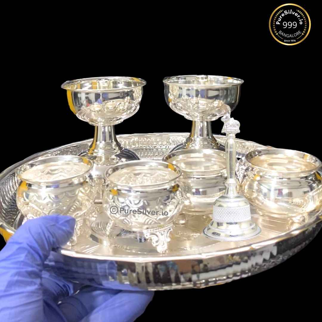 Pure Silver Pooja Thali Set, 570 grams, BIS Hallmarked