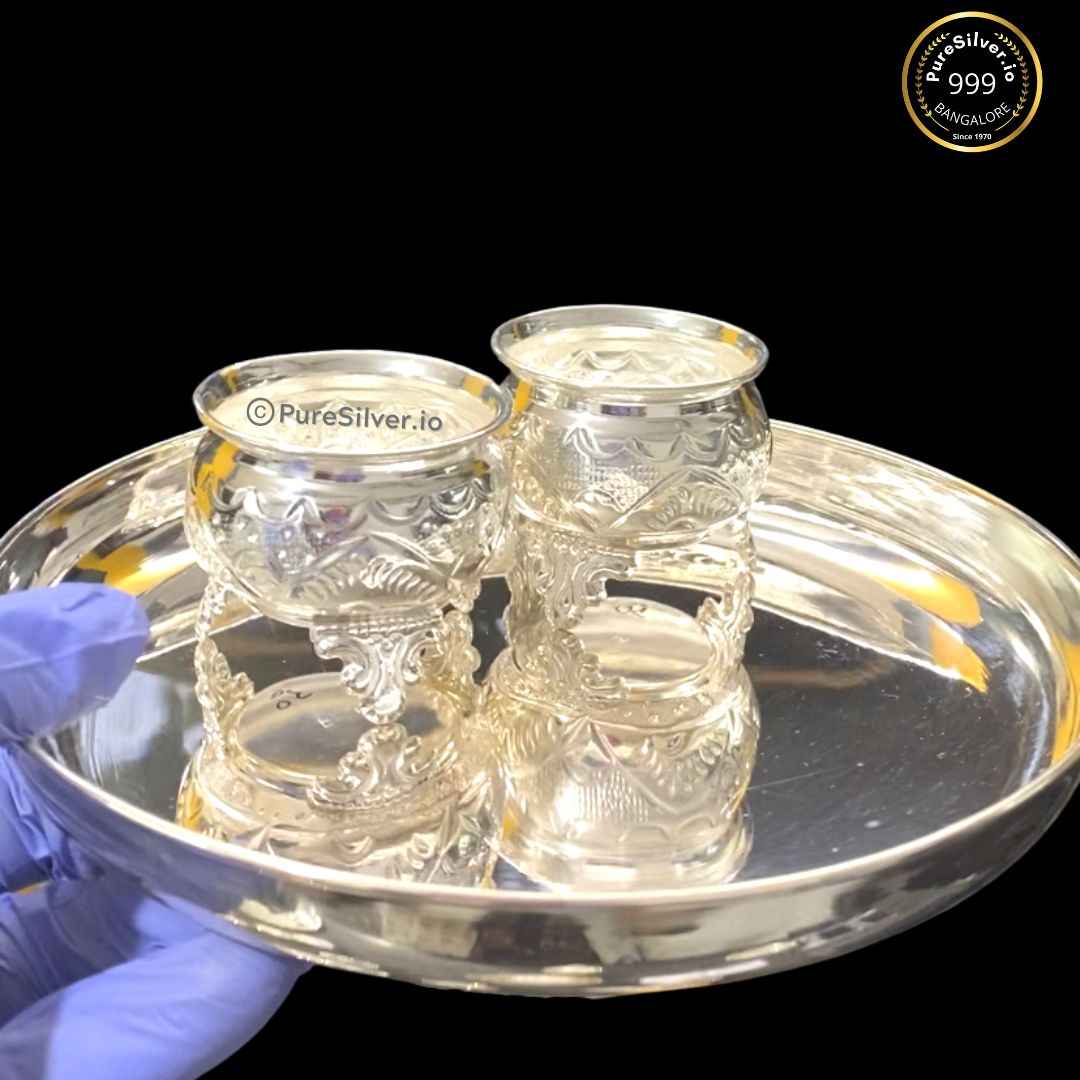 Small Bangalore Pure Silver Pooja Thali Set, 190 grams, BIS Hallmarked