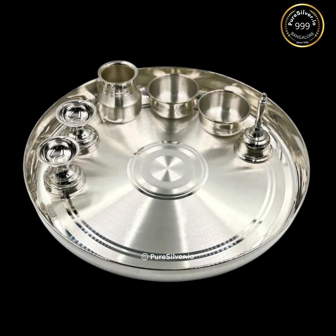 Pure Silver Mumbai Classic Pooja Thali Set - 620 grams - | Custom Orders & Bulk from Silver Factory