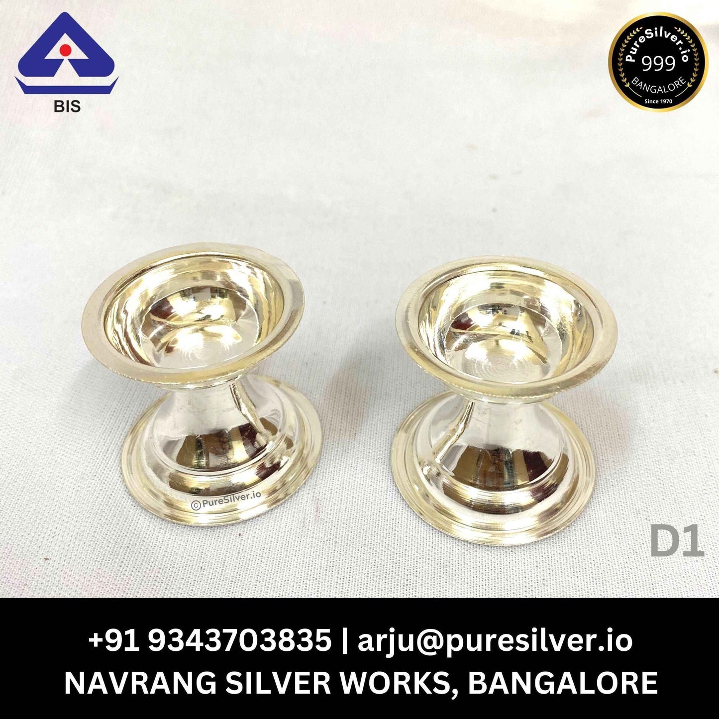 Pure Silver Neelanjan Diya for Pooja Sada (Set Of 2) Mirror Finished, 40 grams, BIS Hallmarked