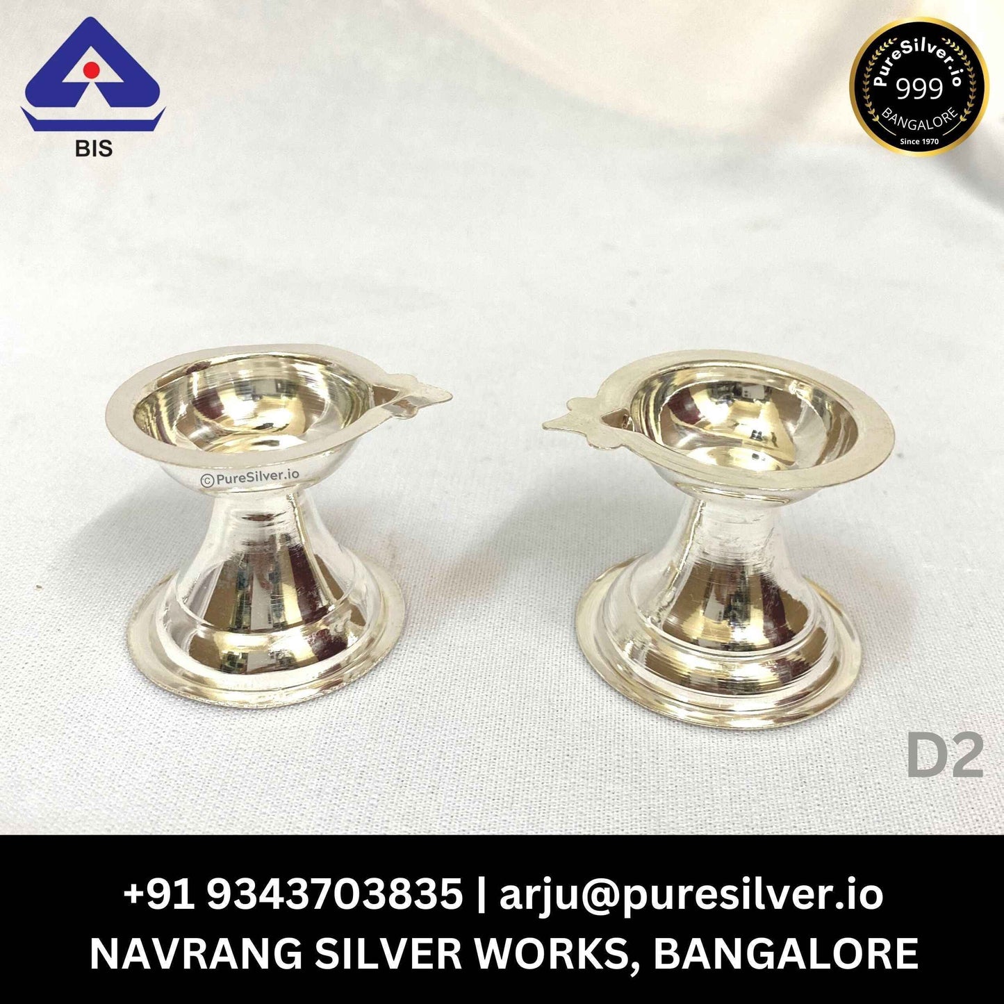 Pure Silver Neelanjan Diya for Pooja Ek Mukhi (Set Of 2) Mirror Finished, 40 grams, BIS Hallmarked