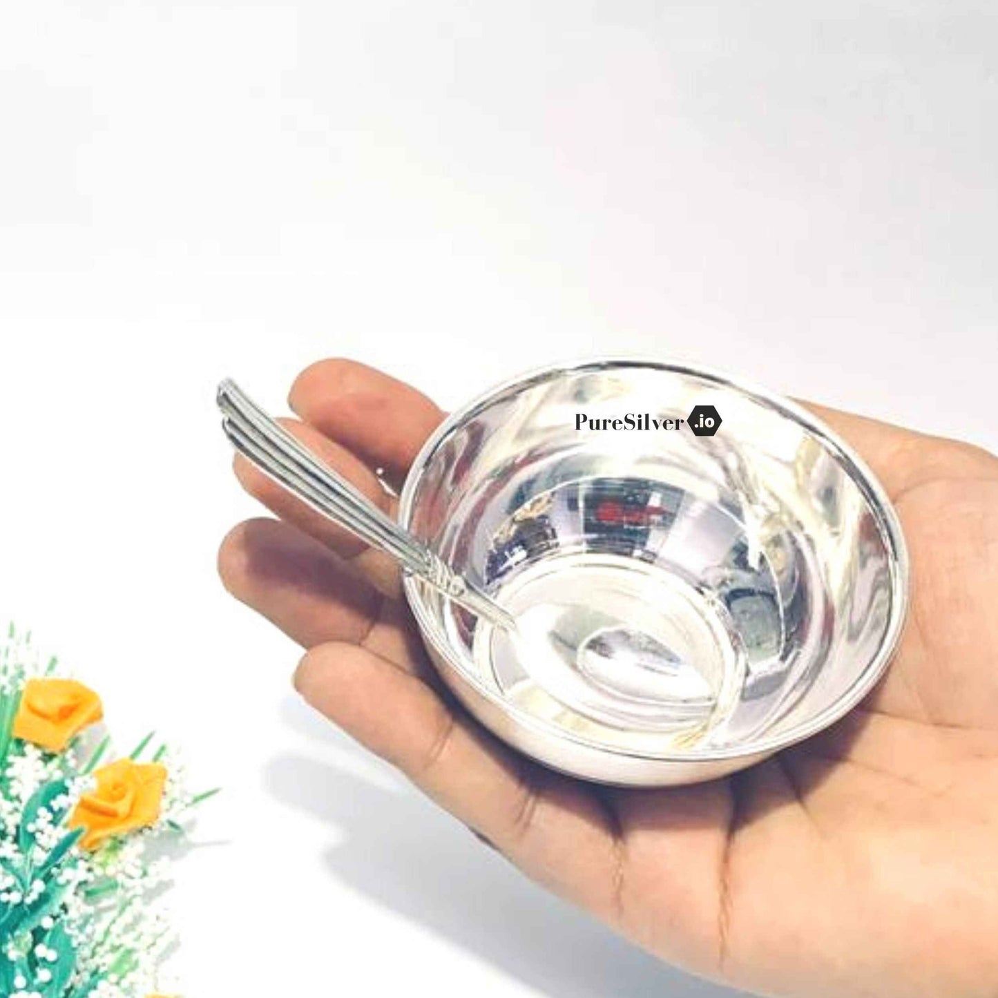 Silver Bowl for Baby Silver Katoriwith Spoon For Baby Mirror Finished Custom Silver Article Design52, 50 grams, BIS Hallmarked